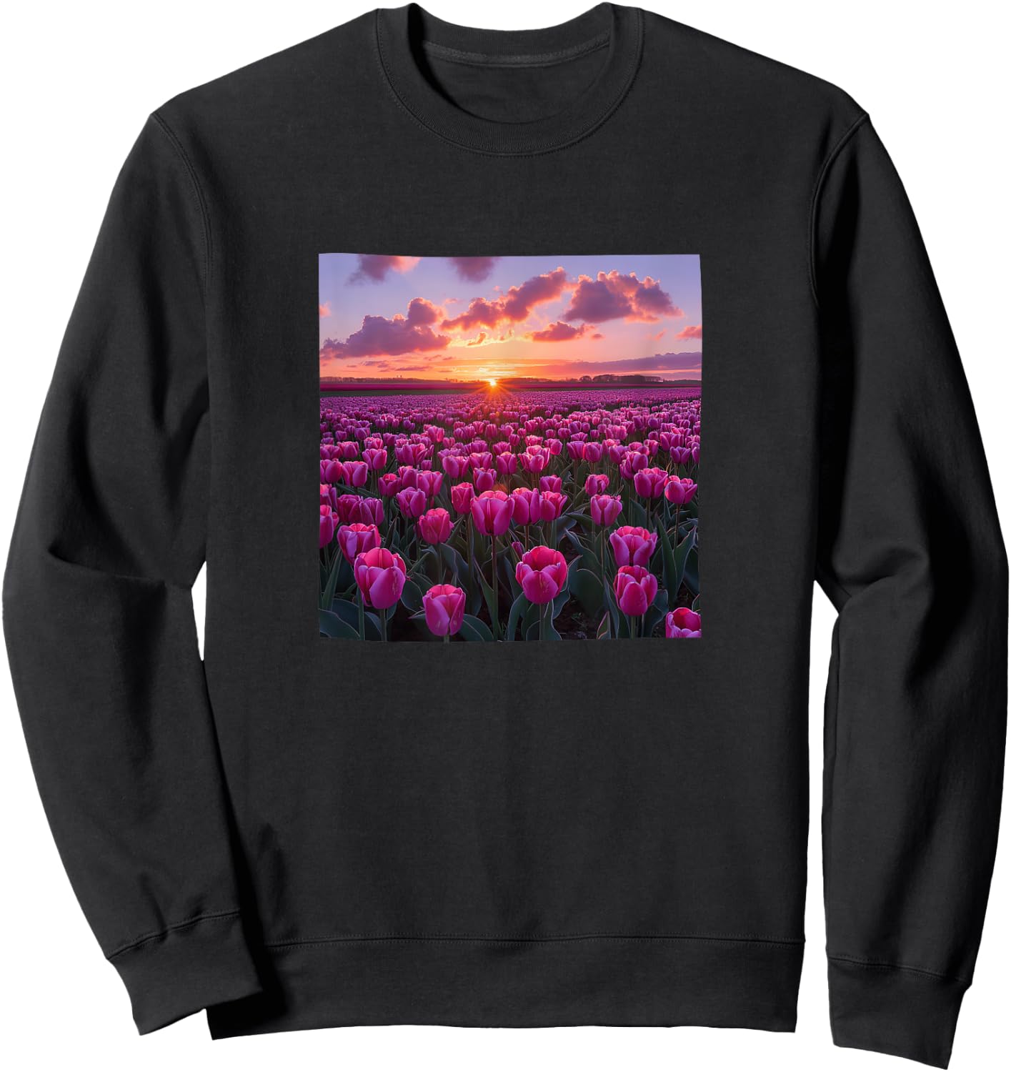 Tulip Flower Field Beautiful Sunset Graphic Sweatshirt - Sweatshirt | Black