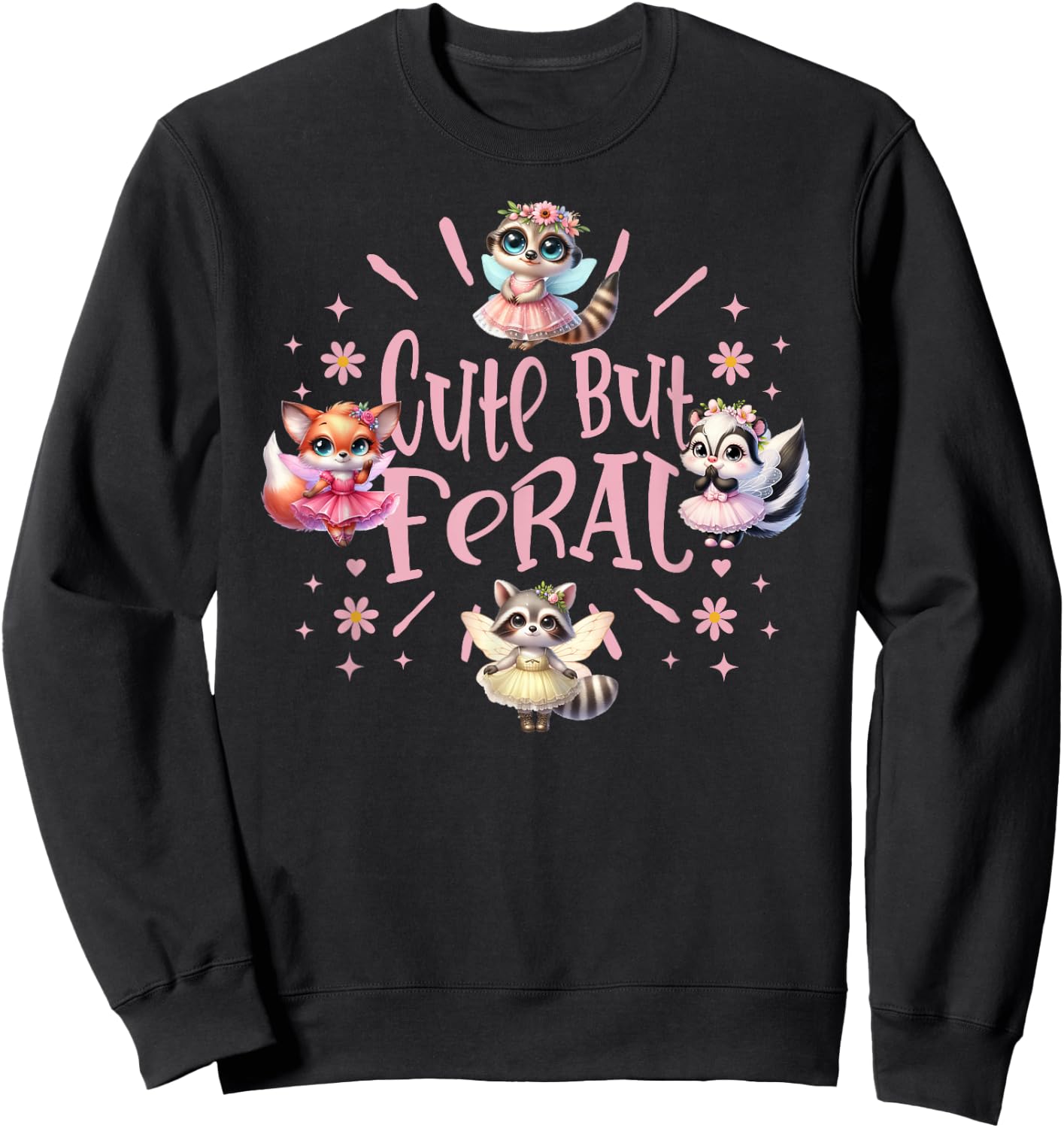 Girly Wild Fairy Animals Cute but Feral Toddler Girl Summer Sweatshirt - Sweatshirt | Black