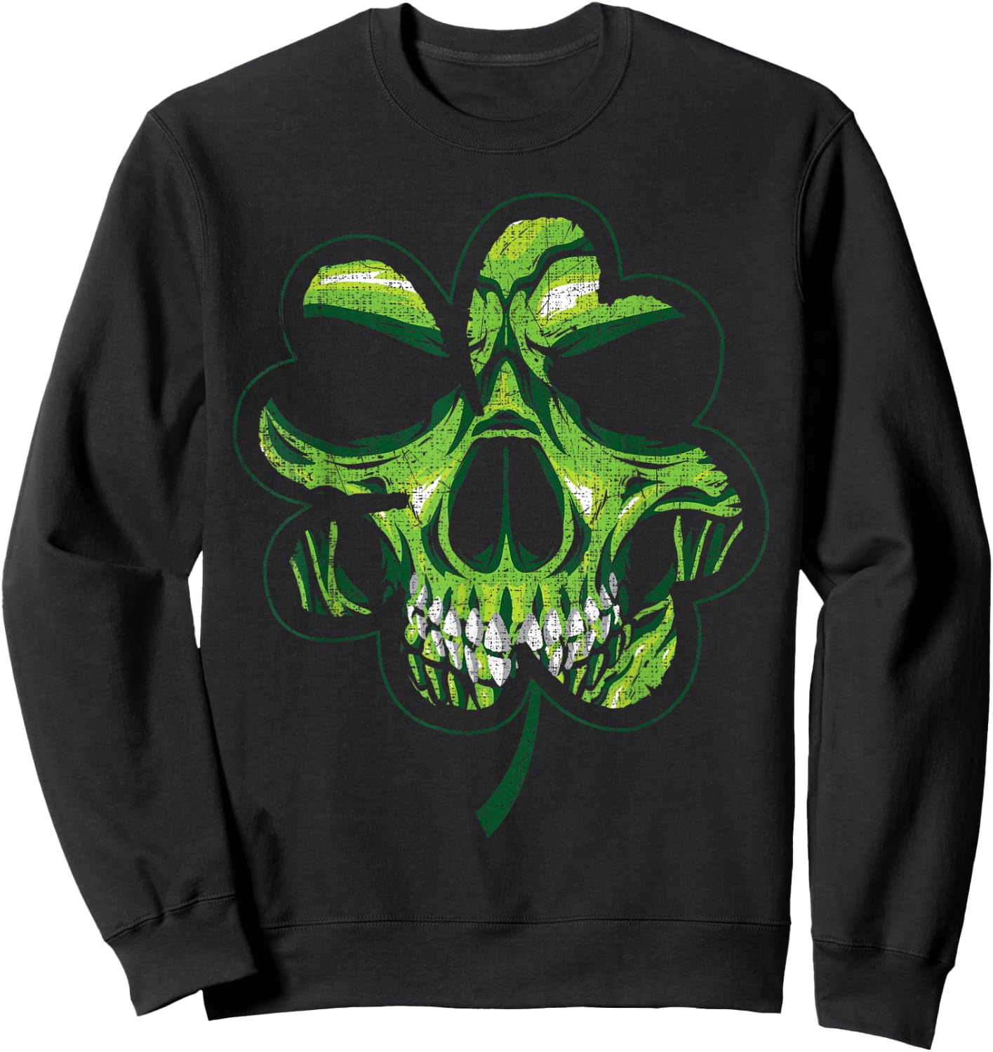 St. Patricks Day Shamrock Distressed Clover Biker Skull Sweatshirt - Sweatshirt | Black