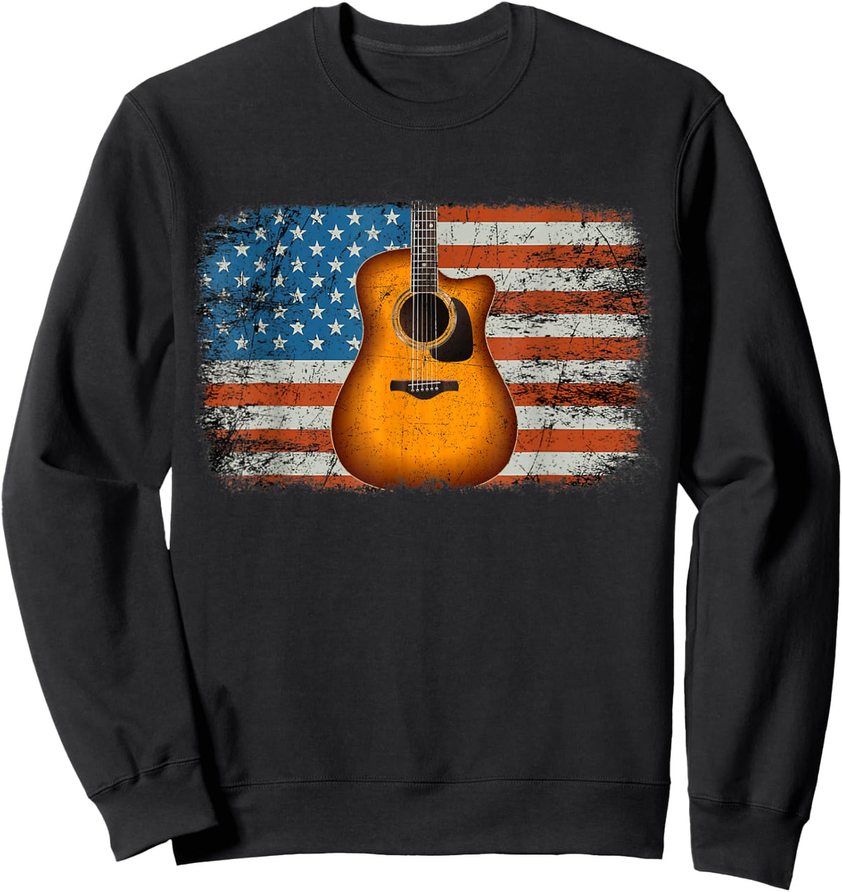 Acoustic Guitar 4th of July American Flag USA Country Music Women Kids Men Sweatshirt - Sweatshirt | Black