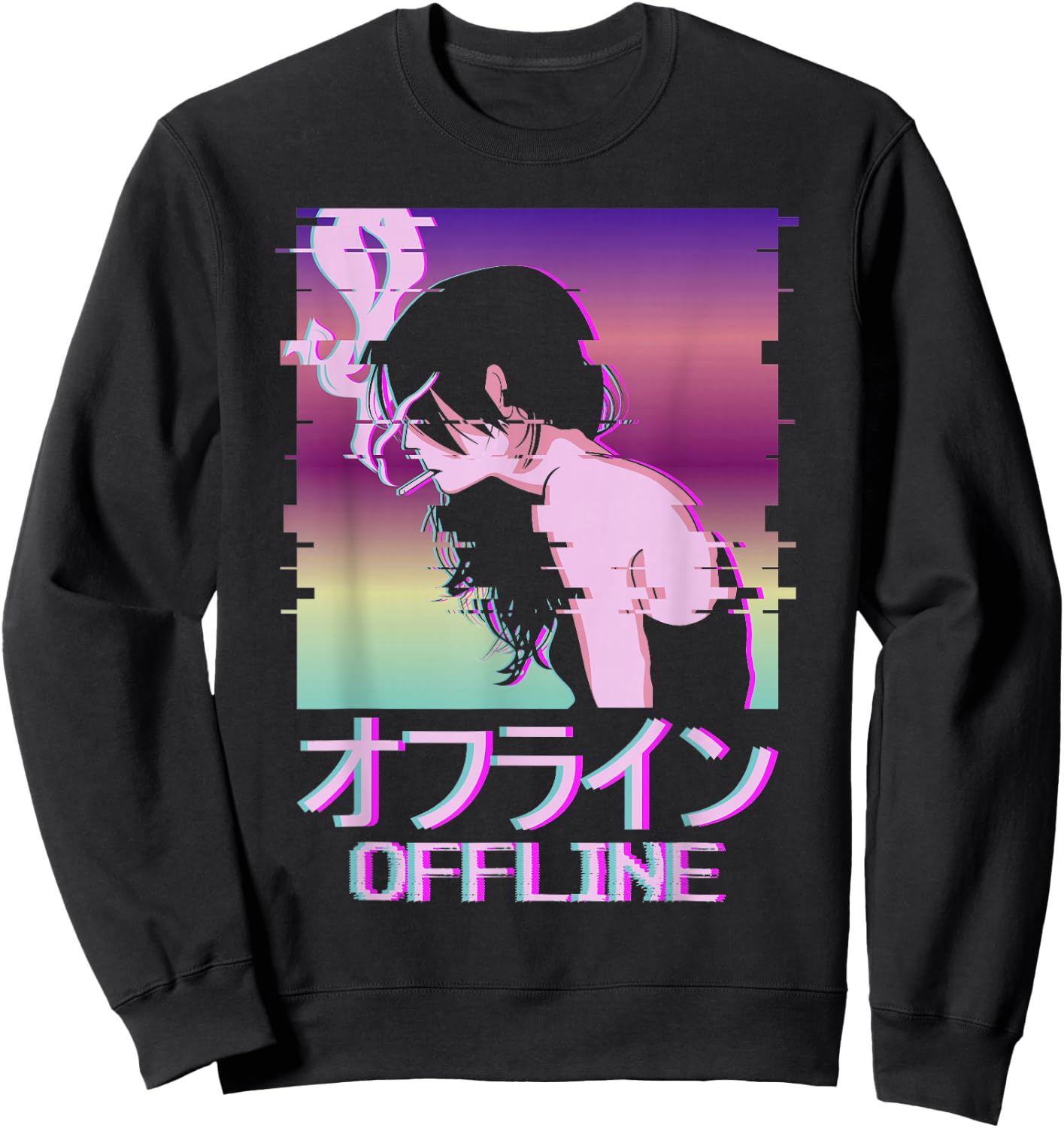 Offline Japanese Vaporwave Alt Indie Aesthetic Anime Girl Sweatshirt - Sweatshirt | Black