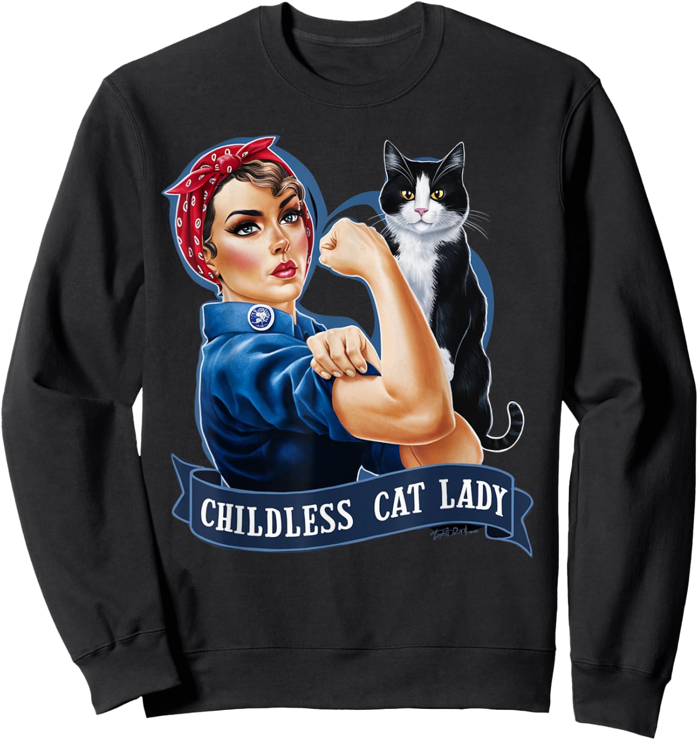 Childless Cat Lady Design Rosie the Riveter Sweatshirt - Sweatshirt | Black