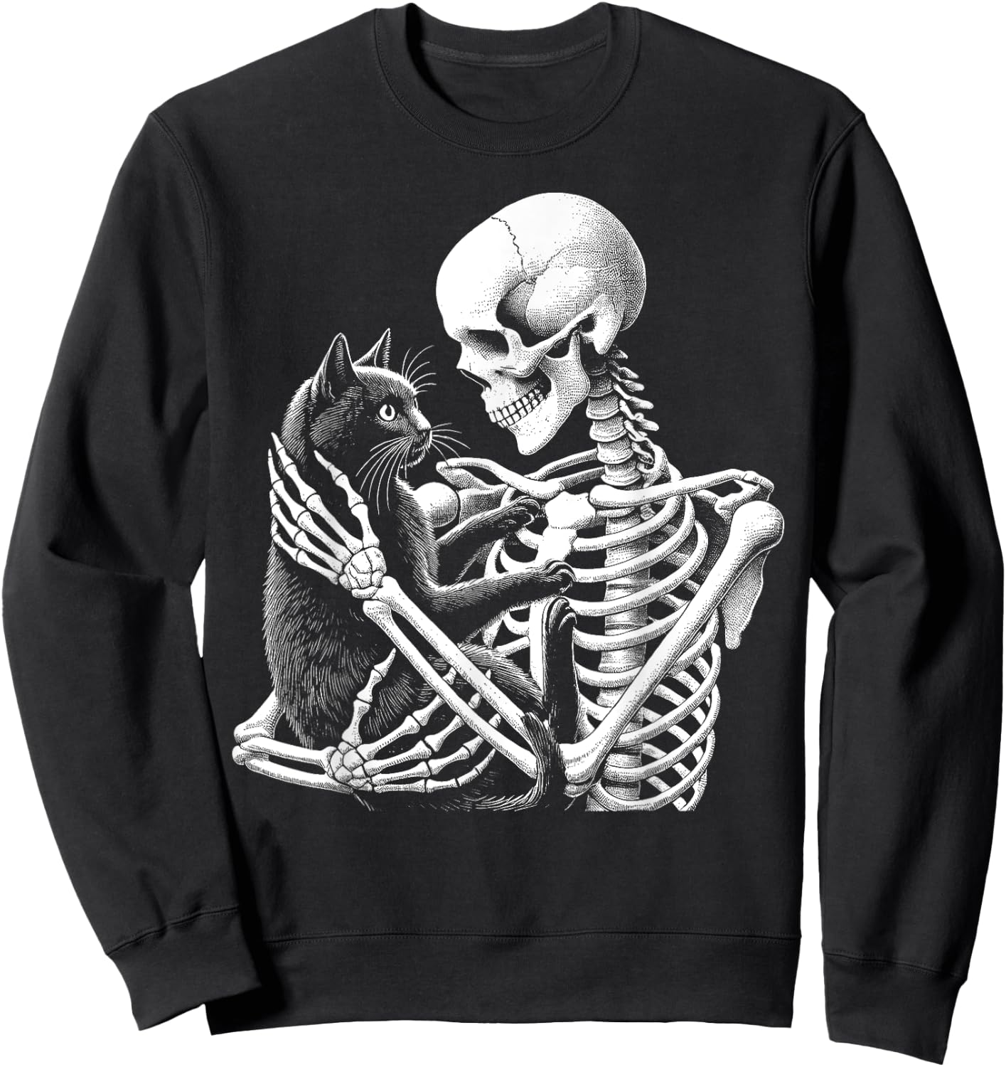 Skeleton Holding A Cat Funny Lazy Halloween Costume Skull Sweatshirt - Sweatshirt | Black
