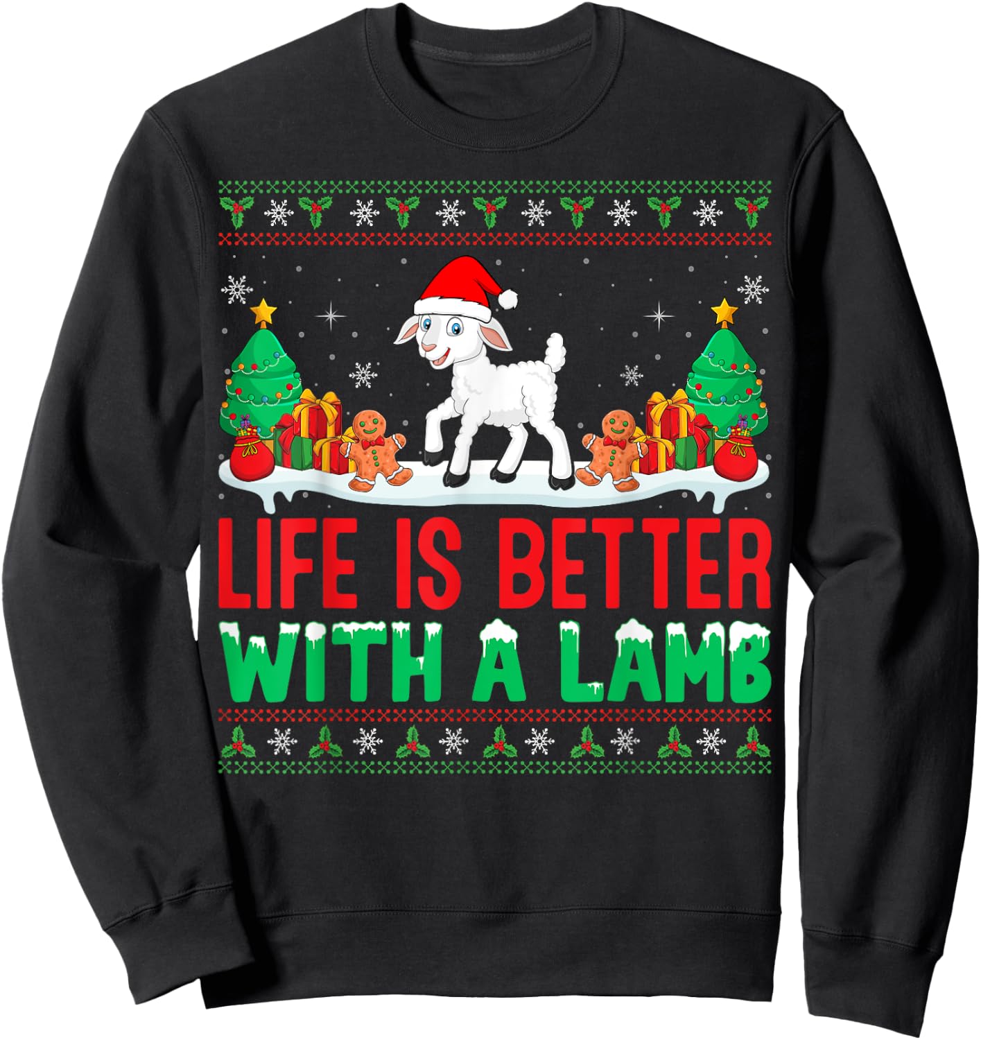 Life Is Better With A Lamb Santa Hat Ugly Christmas Lamb Sweatshirt - Sweatshirt | Black
