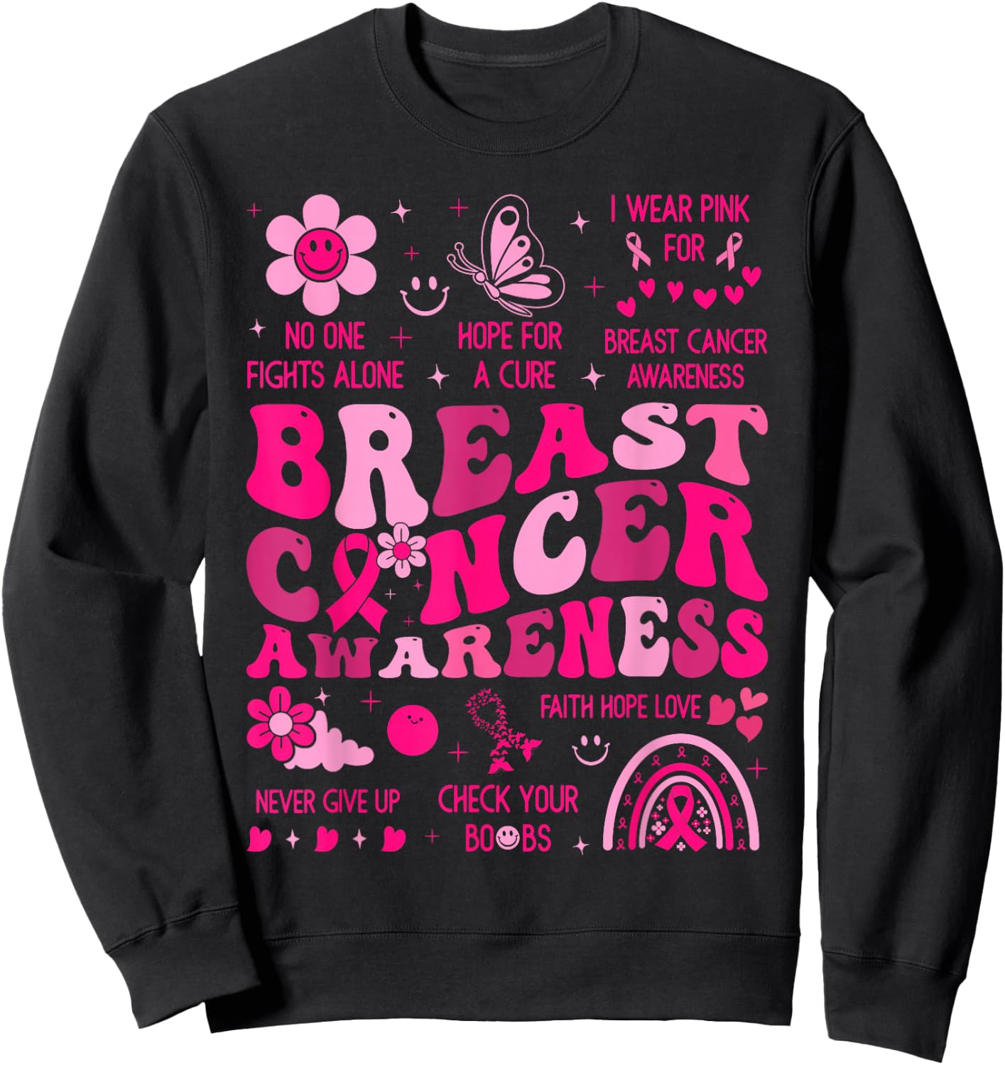 Groovy Breast Cancer Awareness Support Squad Women Girl Pink Sweatshirt - Sweatshirt | Black