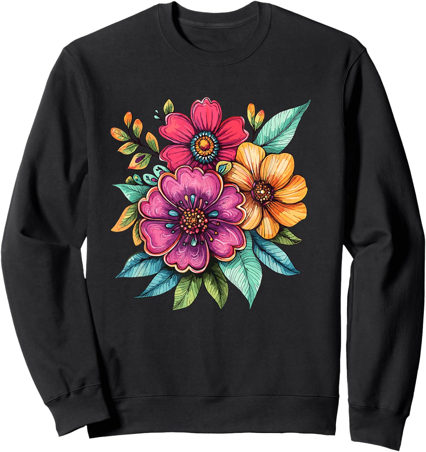 Colorful Wildflower Bouquet Bright Spring Floral Sweatshirt - Sweatshirt | Black