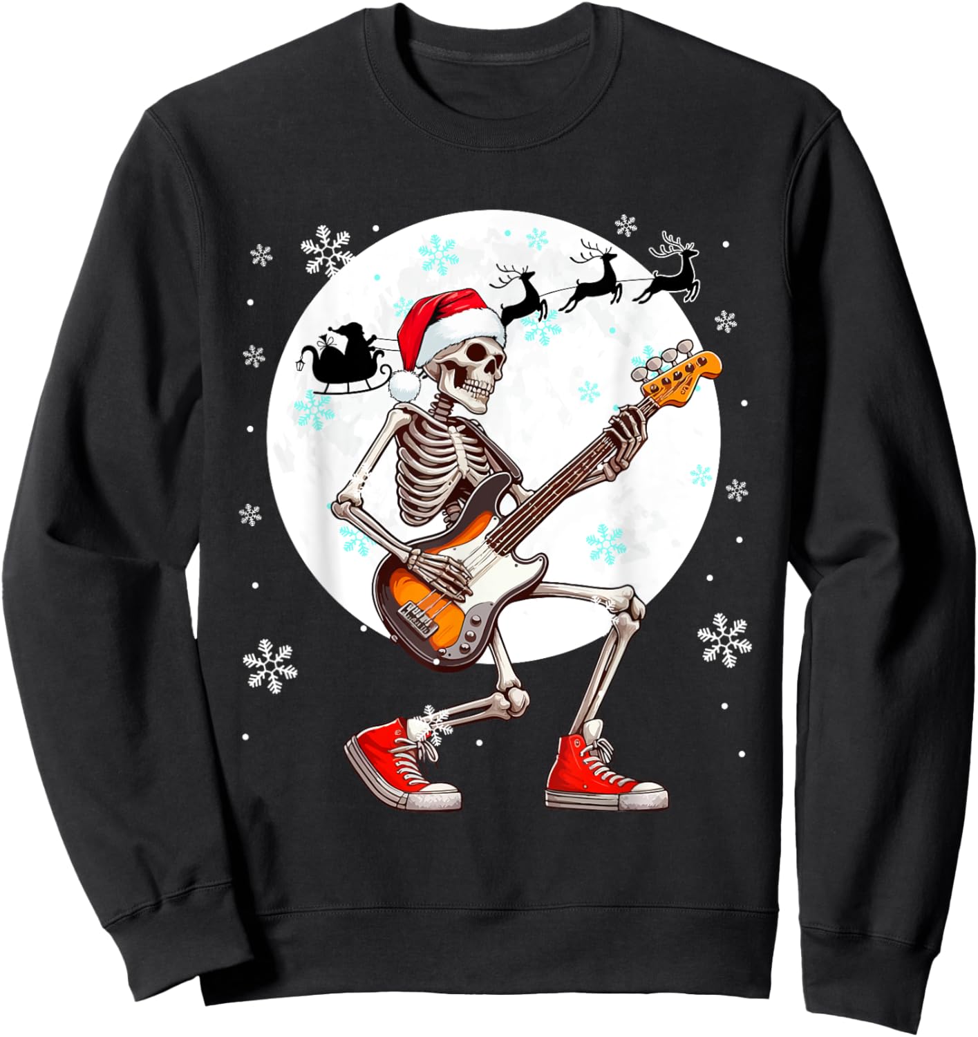 Christmas Santa Skeletons Playing Guitar Bass Guitarist Sweatshirt - Sweatshirt | Black