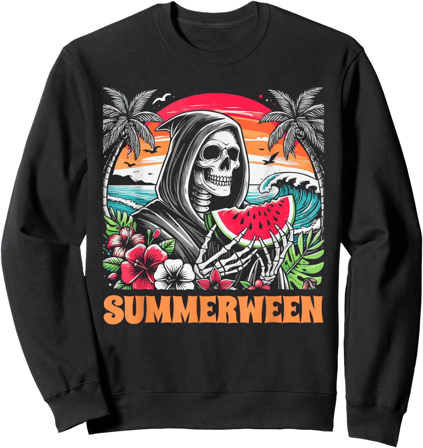 Summerween Skeleton Tropical Beach Scene Sweatshirt - Sweatshirt | Black