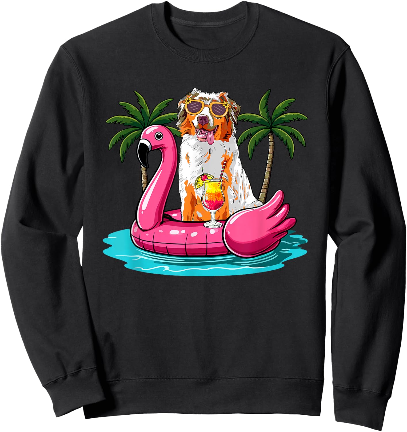 Australian Shepherd Sunglasses On Flamingo Cute Float Lover Sweatshirt - Sweatshirt | Black