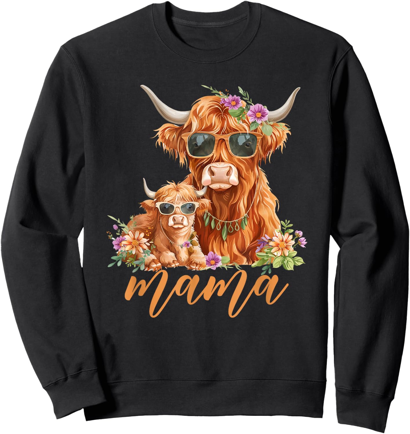 Cute Mama Highland Cow With Baby Calf Boho Floral Mommy Cow Sweatshirt - Sweatshirt | Black