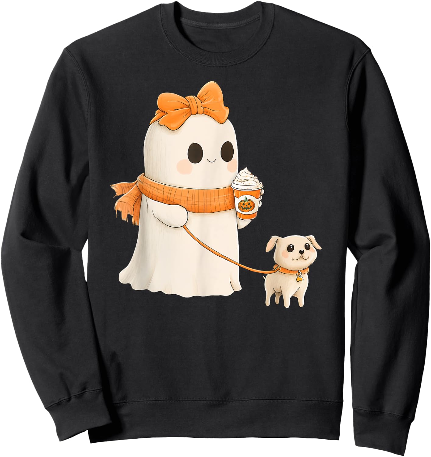 Cute Ghost Walking Dog Coquette Bow Halloween Dog Lover Girl Sweatshirt - Sweatshirt | Black