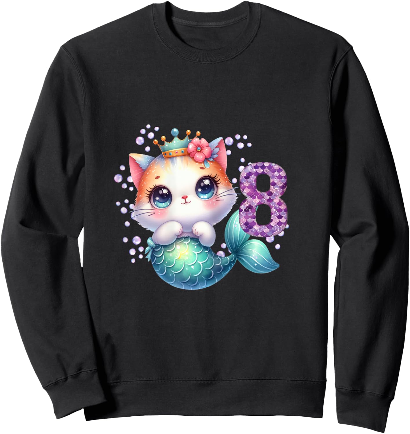 Cat Mermaid 8th Birthday 8 Year Old Party Girls Outfit Sweatshirt - Sweatshirt | Black