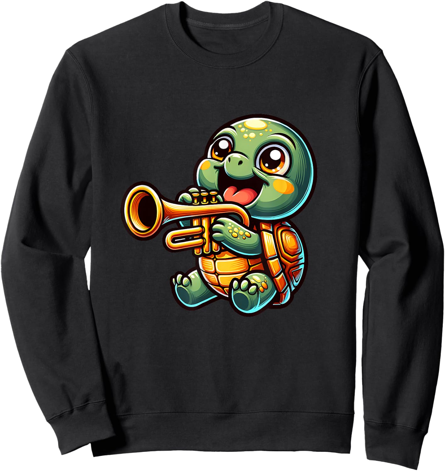 Cute Turtle Playing Trumpet Cartoon Design Sweatshirt - Sweatshirt | Black
