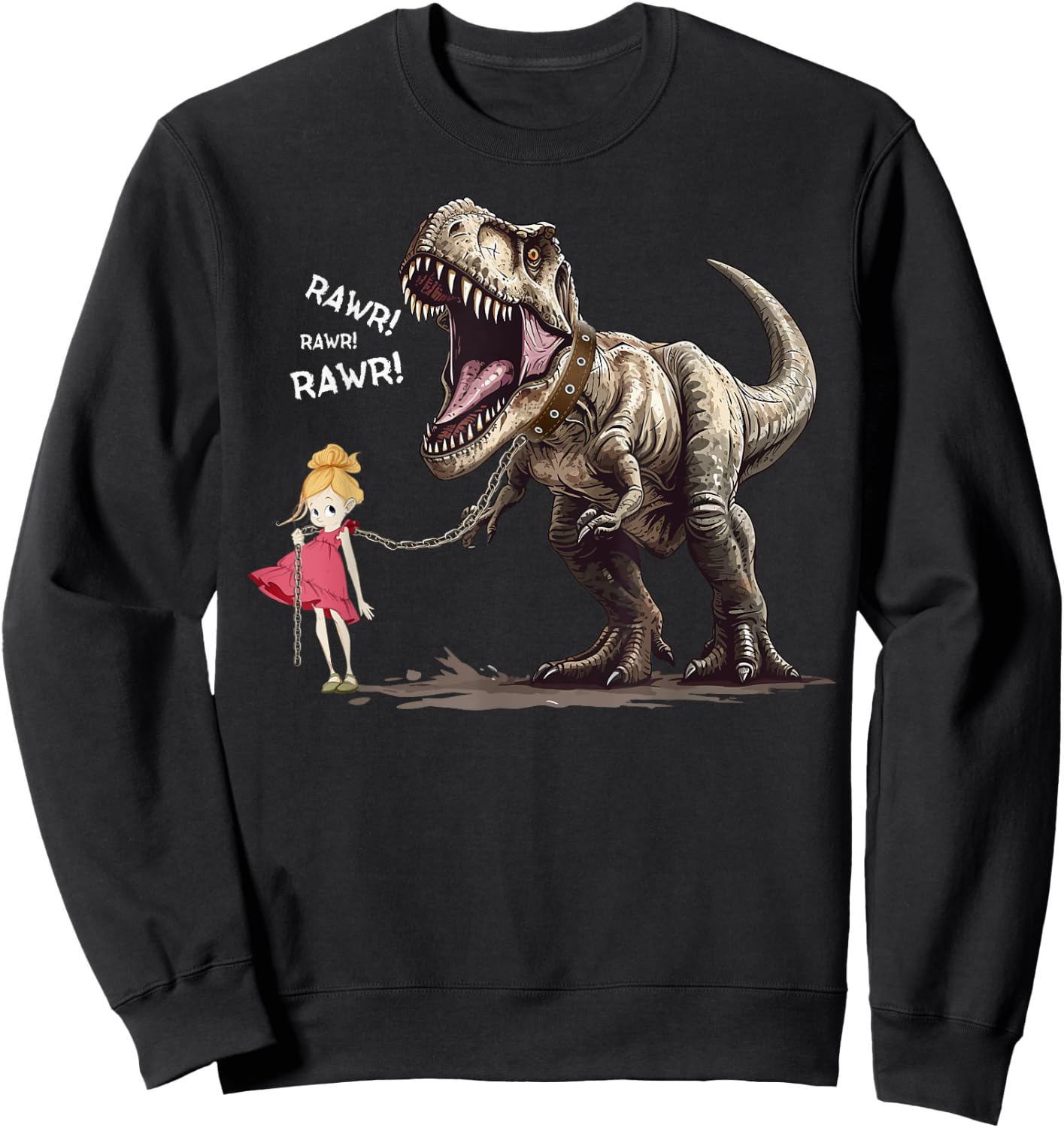 Cute T-Rex Dinosaur Pet on a Leach led by a Girl Sweatshirt - Sweatshirt | Black