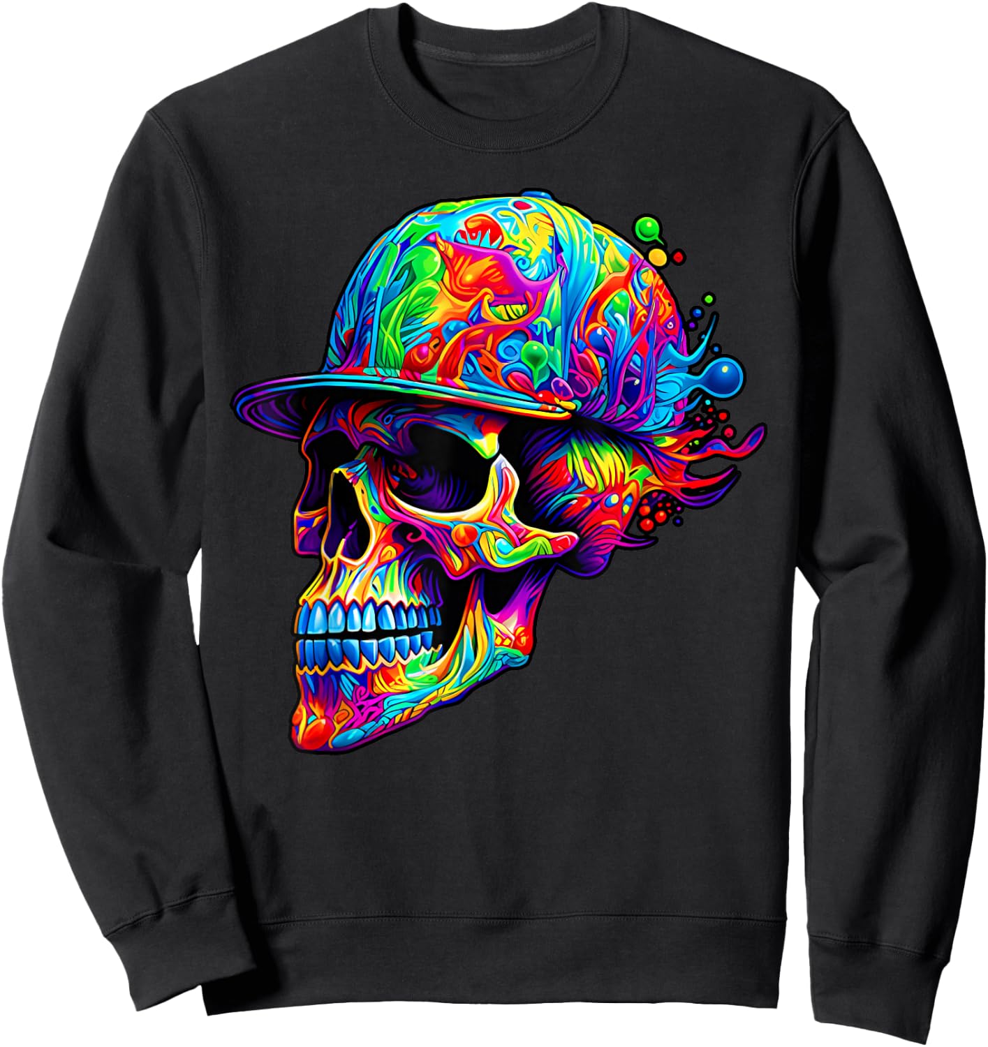 Colorful Skull With Hat Paint Skeleton Men Women Boys Sweatshirt - Sweatshirt | Black