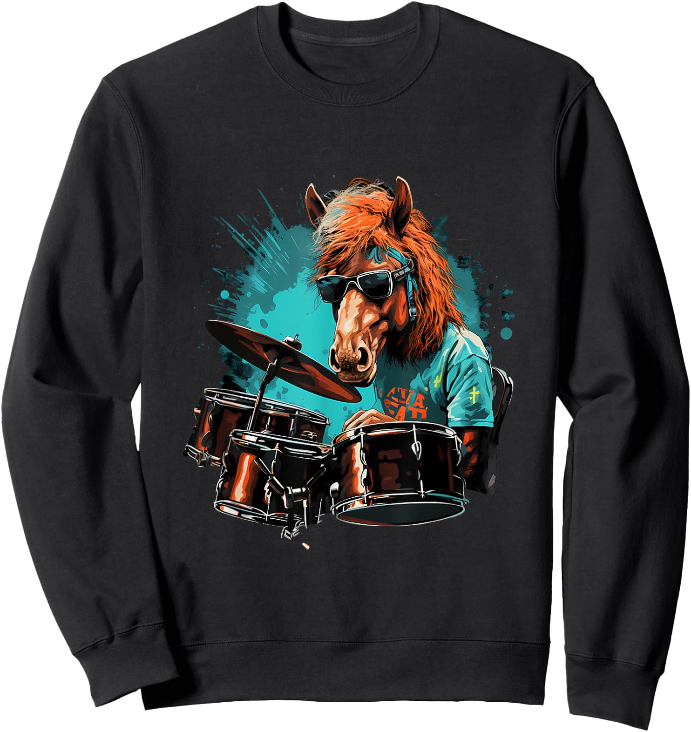 Horse Playing Drums - Animal Horse Lover Drum set Sweatshirt - Sweatshirt | Black