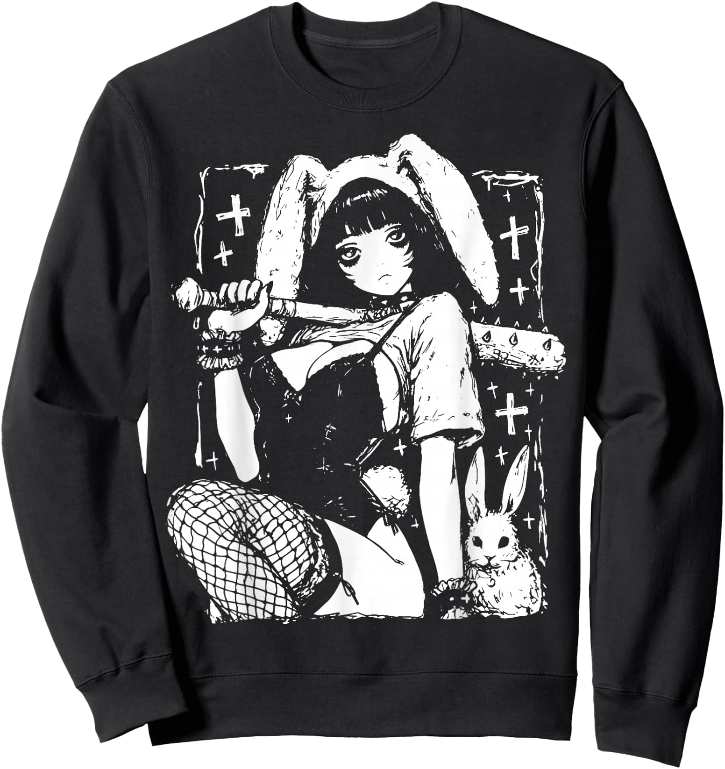 Creepy Horror Bunny Girl Anime Manga Alt Kawaii Harajuku Sweatshirt - Sweatshirt | Black
