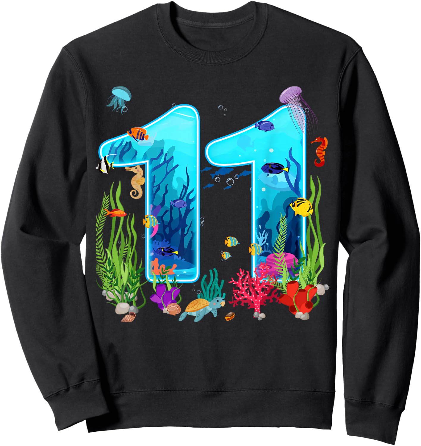 Cute 11 Ocean Sea Animal 11th Bday Party 11 Years Old Sweatshirt - Sweatshirt | Black