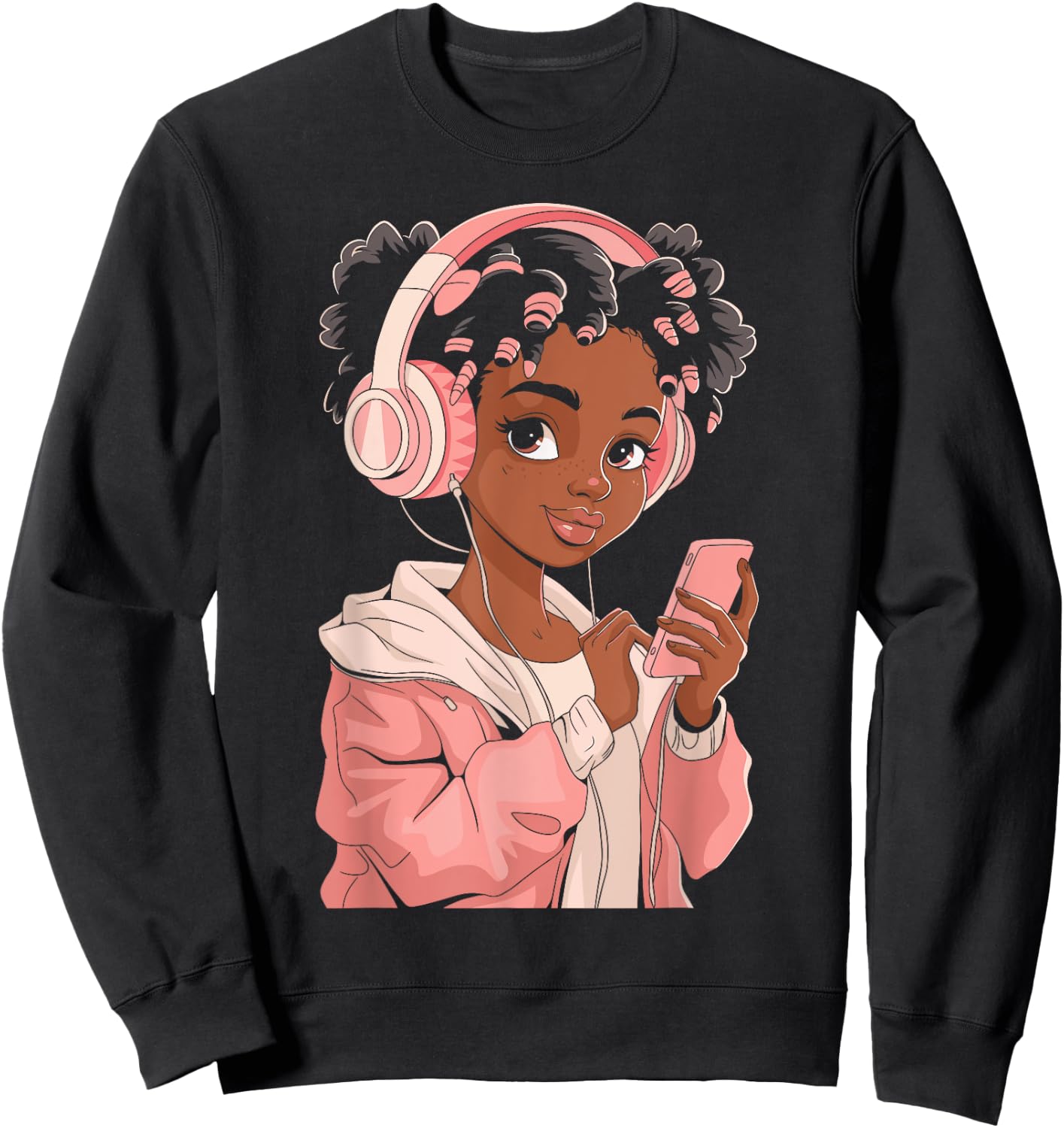 Afro Anime Black Girl with Headphones Kpop Art Sweatshirt - Sweatshirt | Black