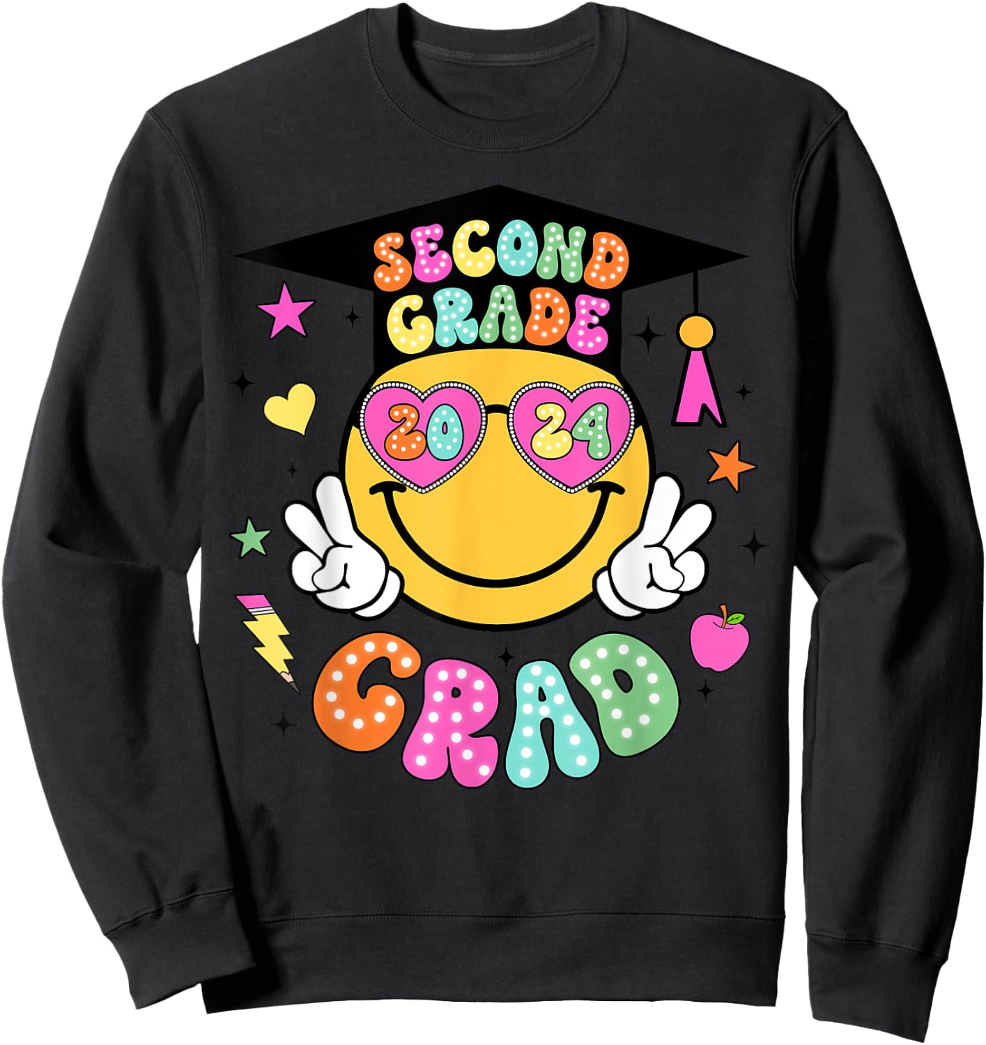 Groovy 2nd Grade Graduate Happy Face Graduation 2024 Grad Sweatshirt - Sweatshirt | Black