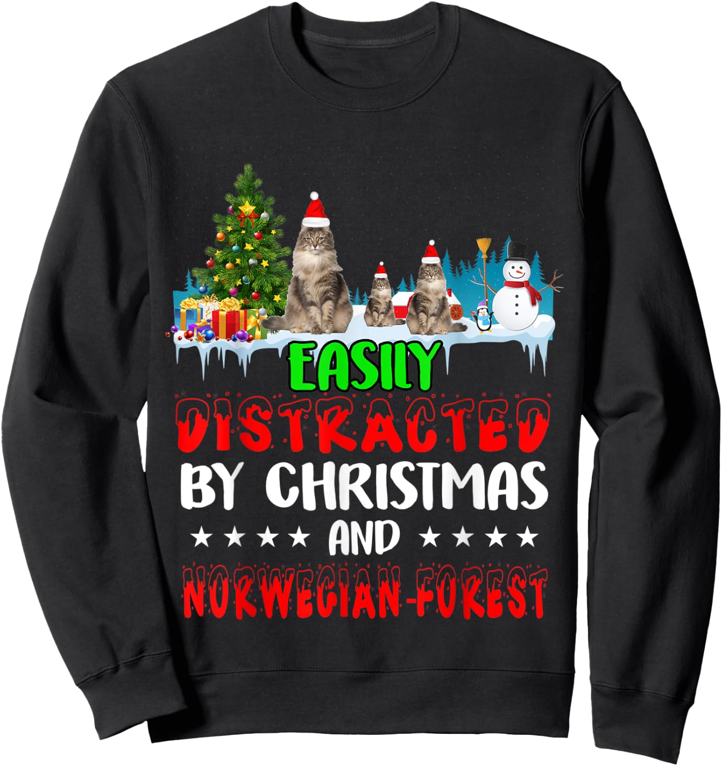 Easily Distracted by Christmas Norwegian Forest Cat on Snow Sweatshirt - Sweatshirt | Black