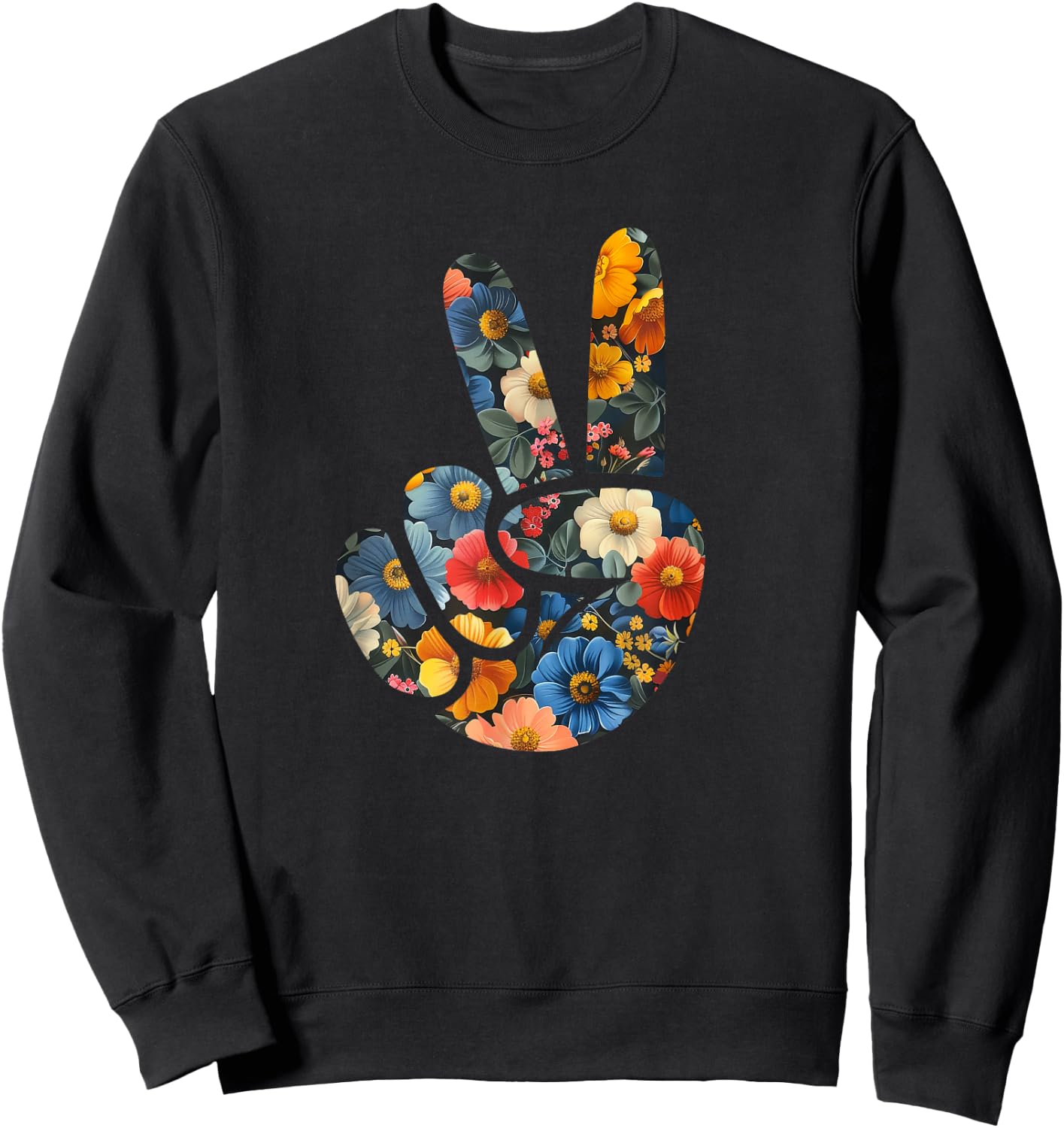 Elegant Silhouette Wildflowers Floral Peace Sign Hand Sweatshirt - Sweatshirt | Black