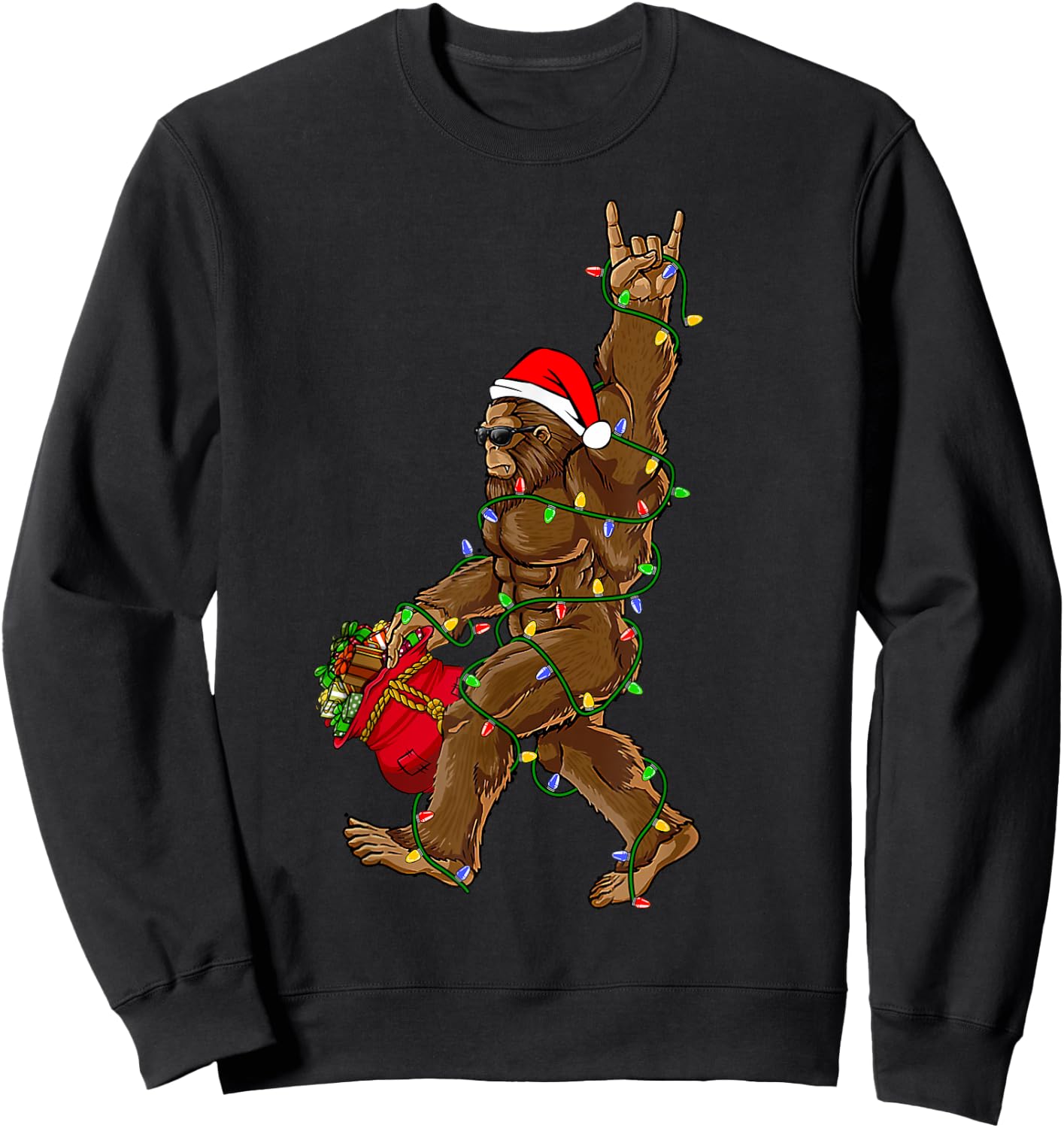 Santa Bigfoot Christmas Lights Rock Funny Sasquatch Believe Sweatshirt - Sweatshirt | Black