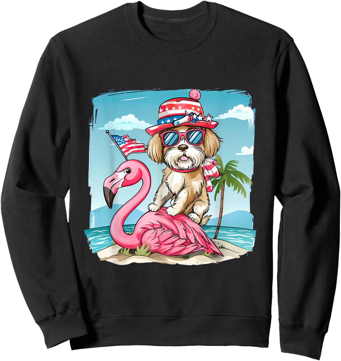 Fourth Of July Flamingo Dog USA American Flag 4th Of July Sweatshirt - Sweatshirt | Black