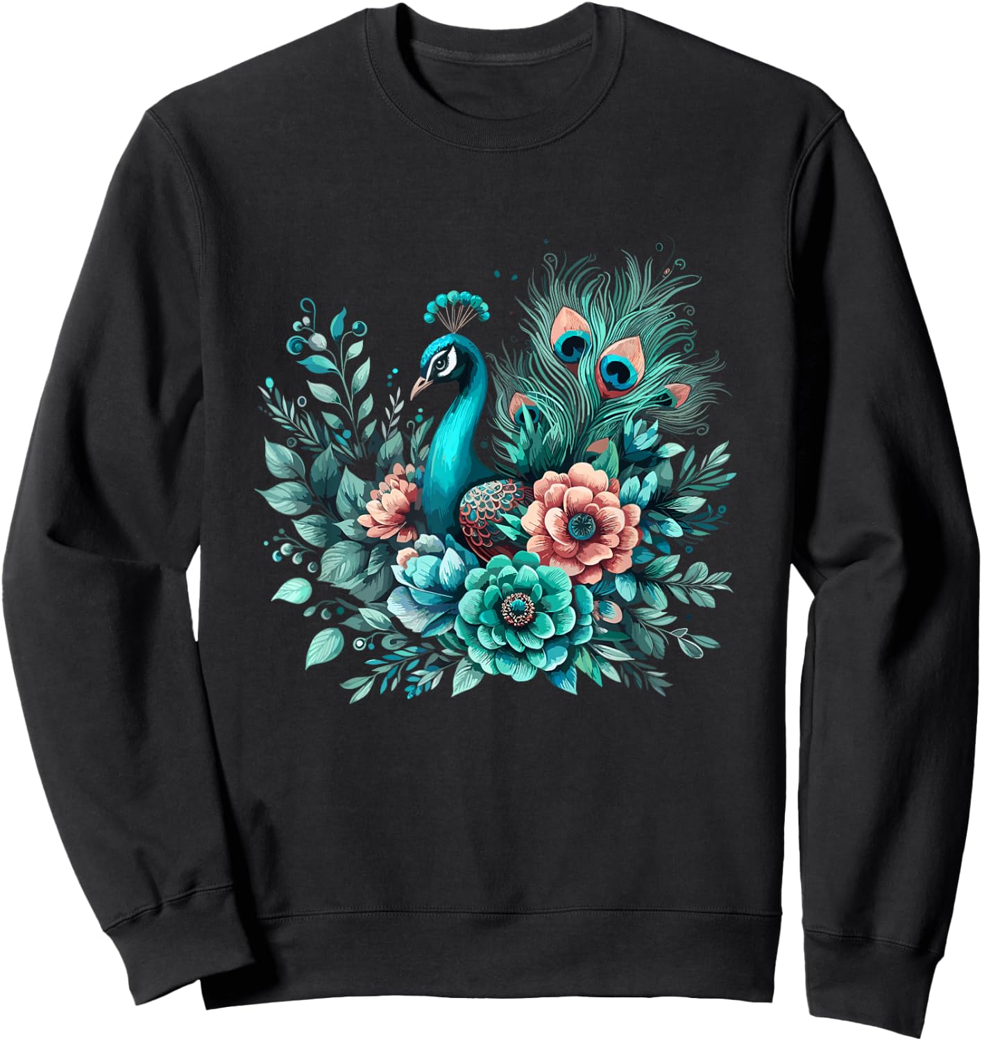 Beautiful Floral Flower Teal Feathers Peacock Sweatshirt - Sweatshirt | Black