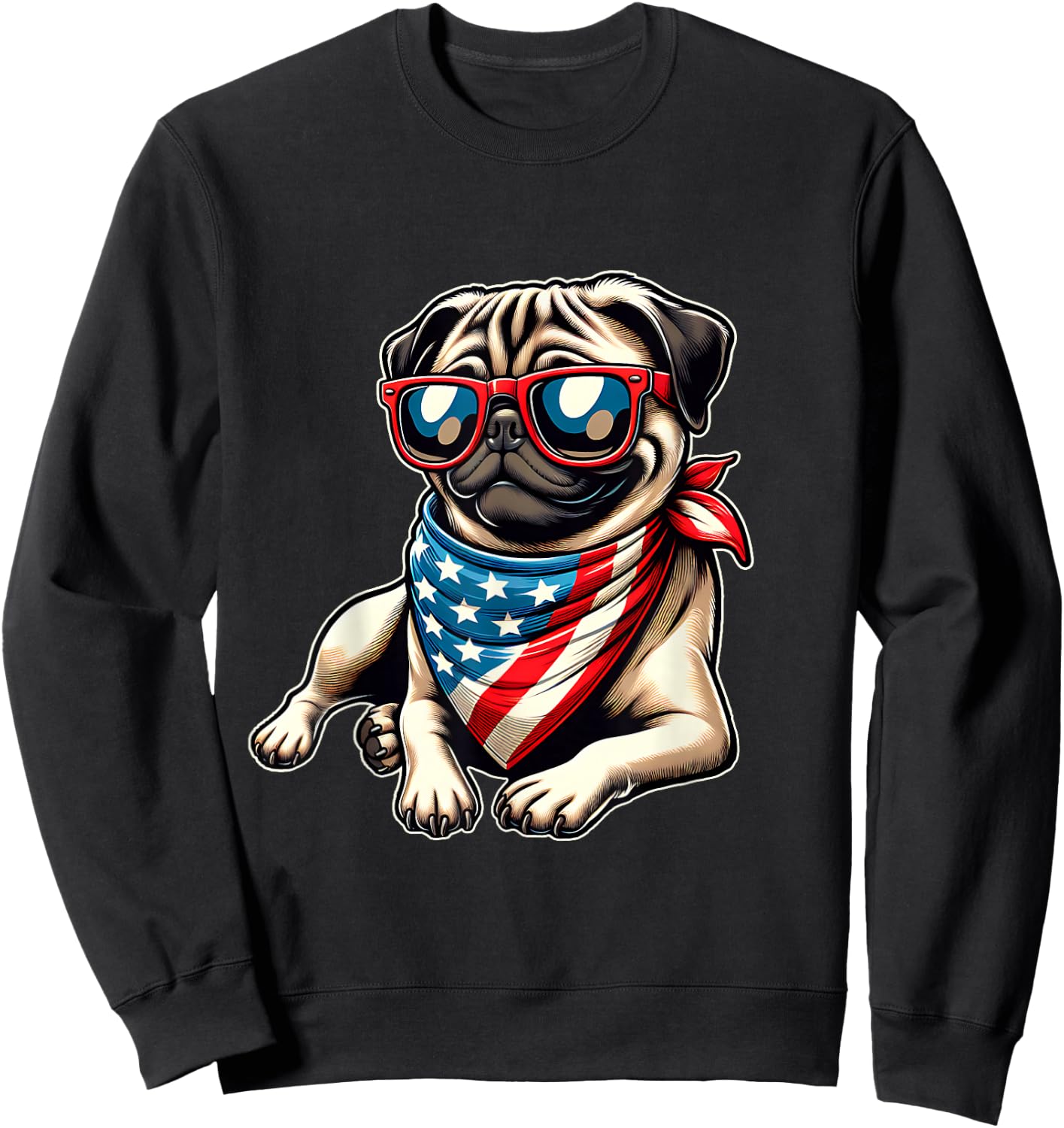 Pug with Bandana Sunglasses 4th of July US Dog American Flag Sweatshirt - Sweatshirt | Black