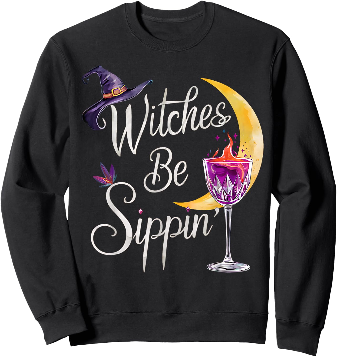 Women's Wine Witches Be Sippin Halloween Fun Design Sweatshirt - Sweatshirt | Black