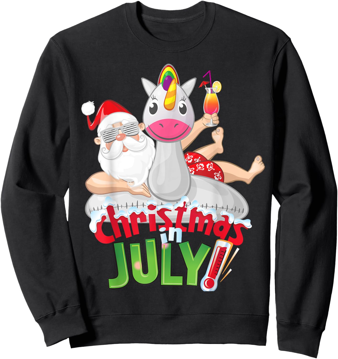 Funny Christmas in July Shirt Summer Unicorn Float Xmas Women Kids Sweatshirt - Sweatshirt | Black