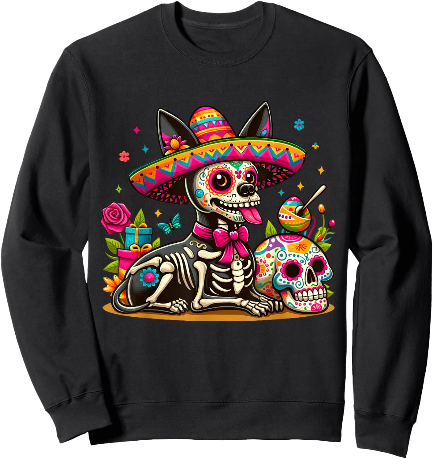 Cinco De Mayo Sugar Skull Xoloitzcuintli Dog Sombrero Sweatshirt - Sweatshirt | Black