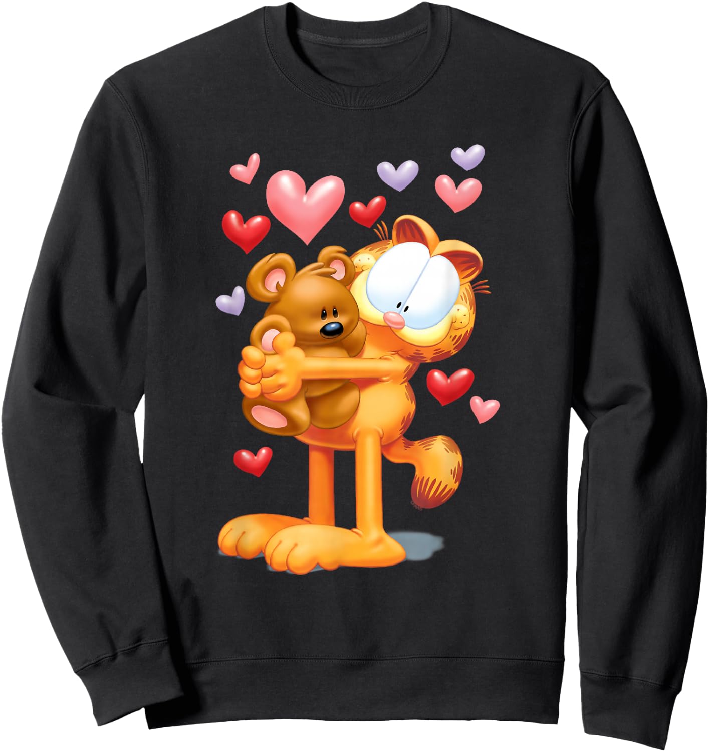 Garfield Hugging Pooky Hearts 3D Valentine's Day Cartoon Cat Sweatshirt - Sweatshirt | Black