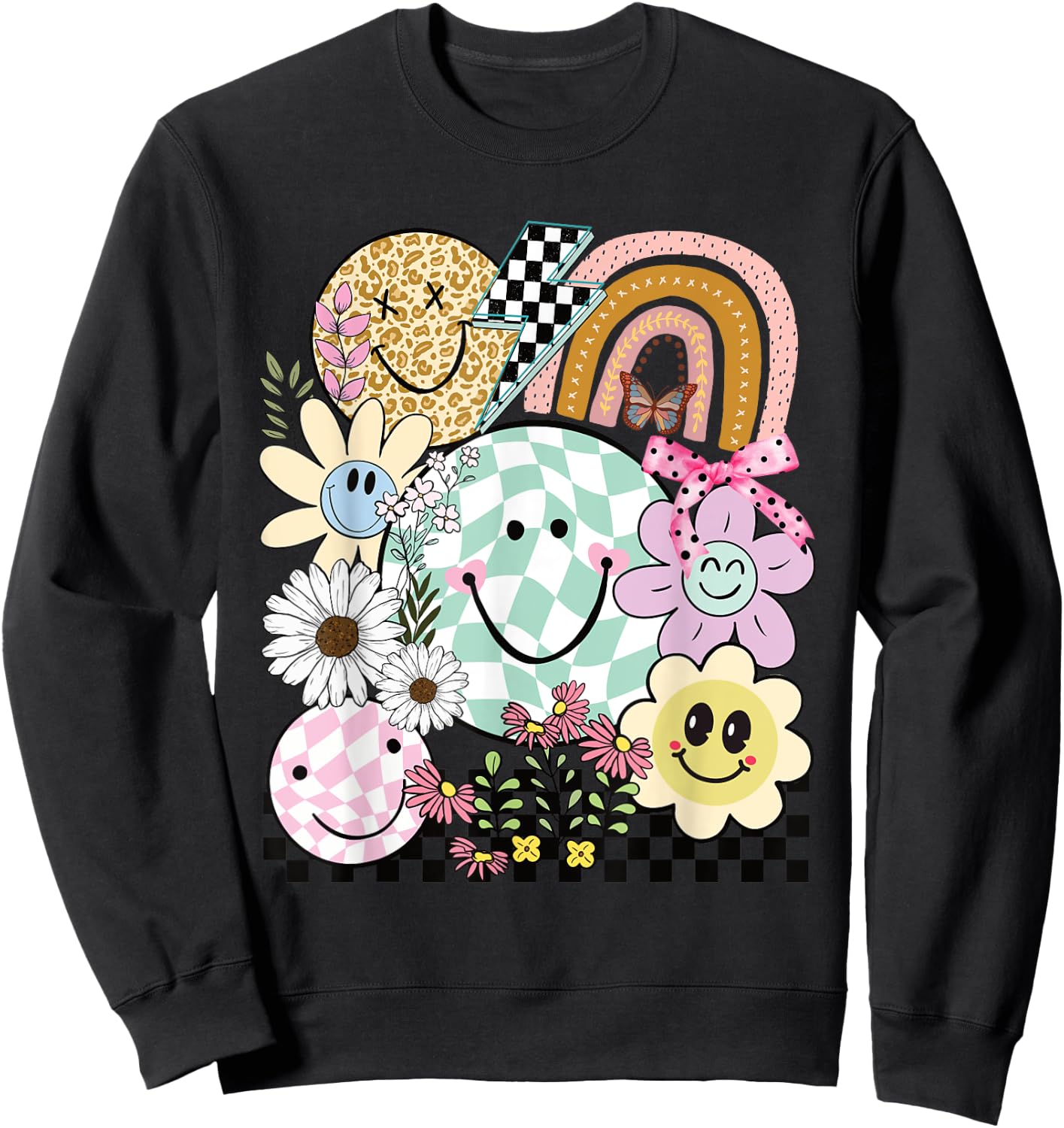 Funny Checkered Happy Smiling Smile Face Daisy Flower Girl Sweatshirt - Sweatshirt | Black