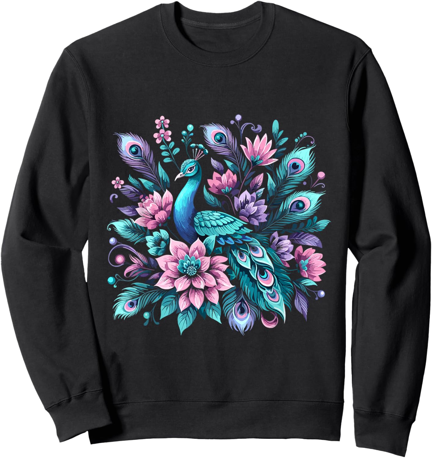 Beautiful Floral Flower Peacock Sweatshirt - Sweatshirt | Black