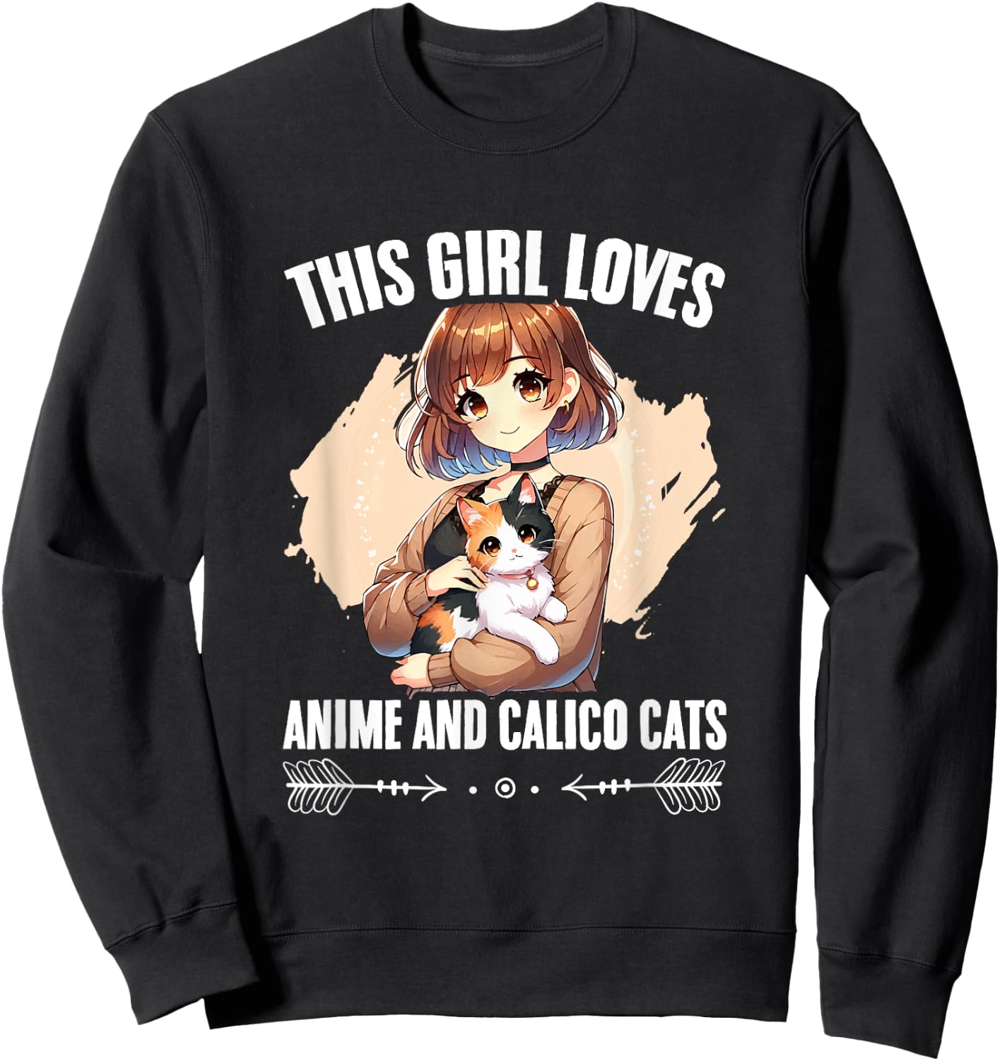 Kawaii Feline Animal Japan Anime Girl And Calico Cat Girl Sweatshirt - Sweatshirt | Black