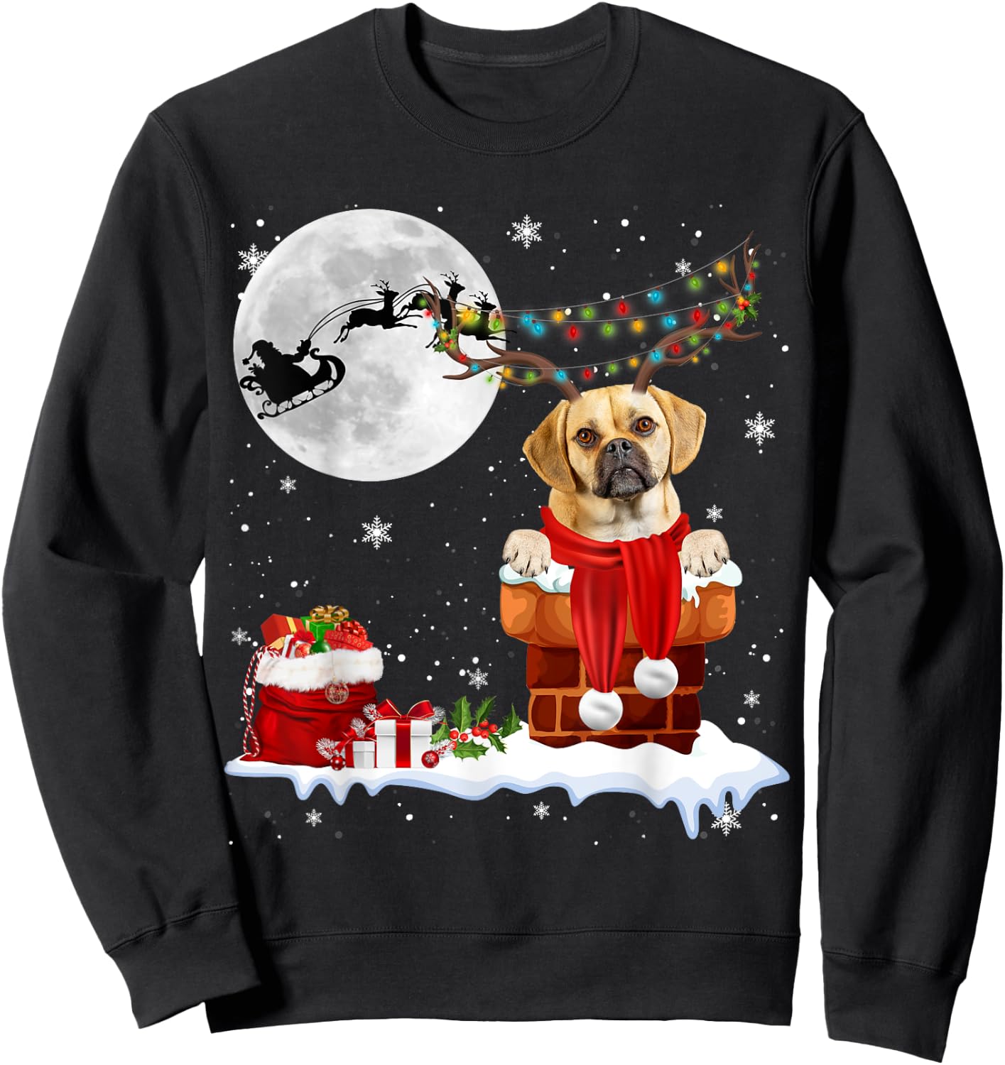 Puggle Dog Chimney Ugly Christmas Lights Xmas Pajamas Men Women Kids Sweatshirt - Sweatshirt | Black