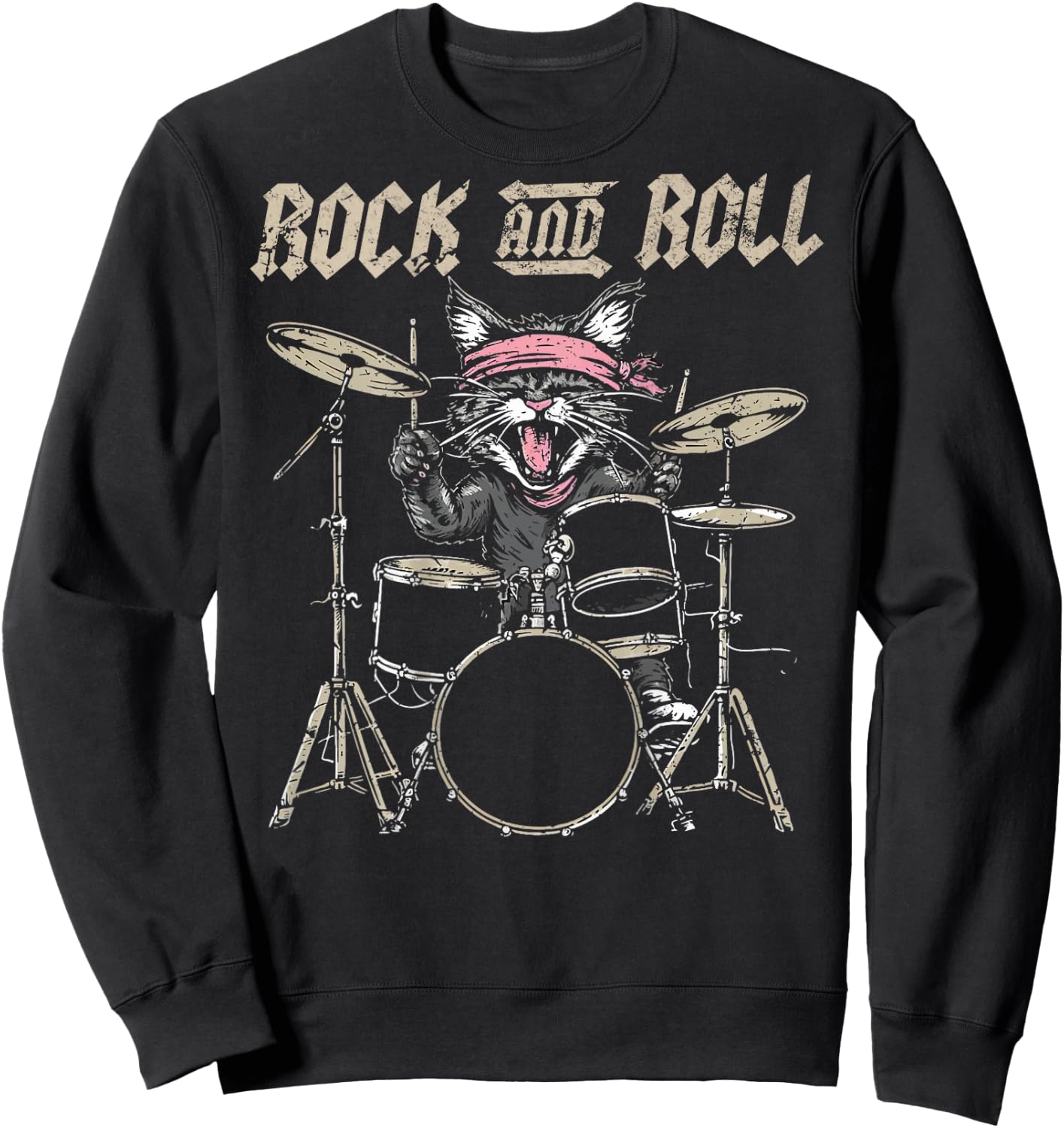 Rock and Roll Cat Drum Vintage ROCK Cat Drummer (ART BACK) Women Kids Sweatshirt - Sweatshirt | Black