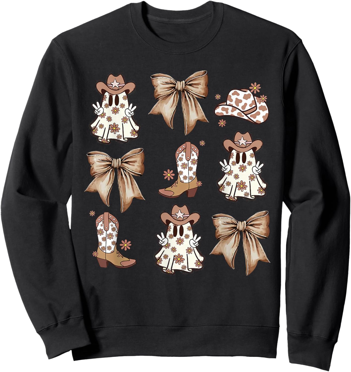 Coquette Bow Spooky Funny Ghost Cowboy Western Halloween Sweatshirt - Sweatshirt | Black