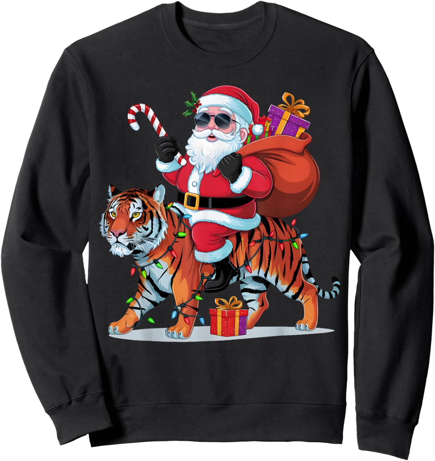 Tiger Lover Xmas Lighting Santa Riding Tiger Christmas Sweatshirt - Sweatshirt | Black