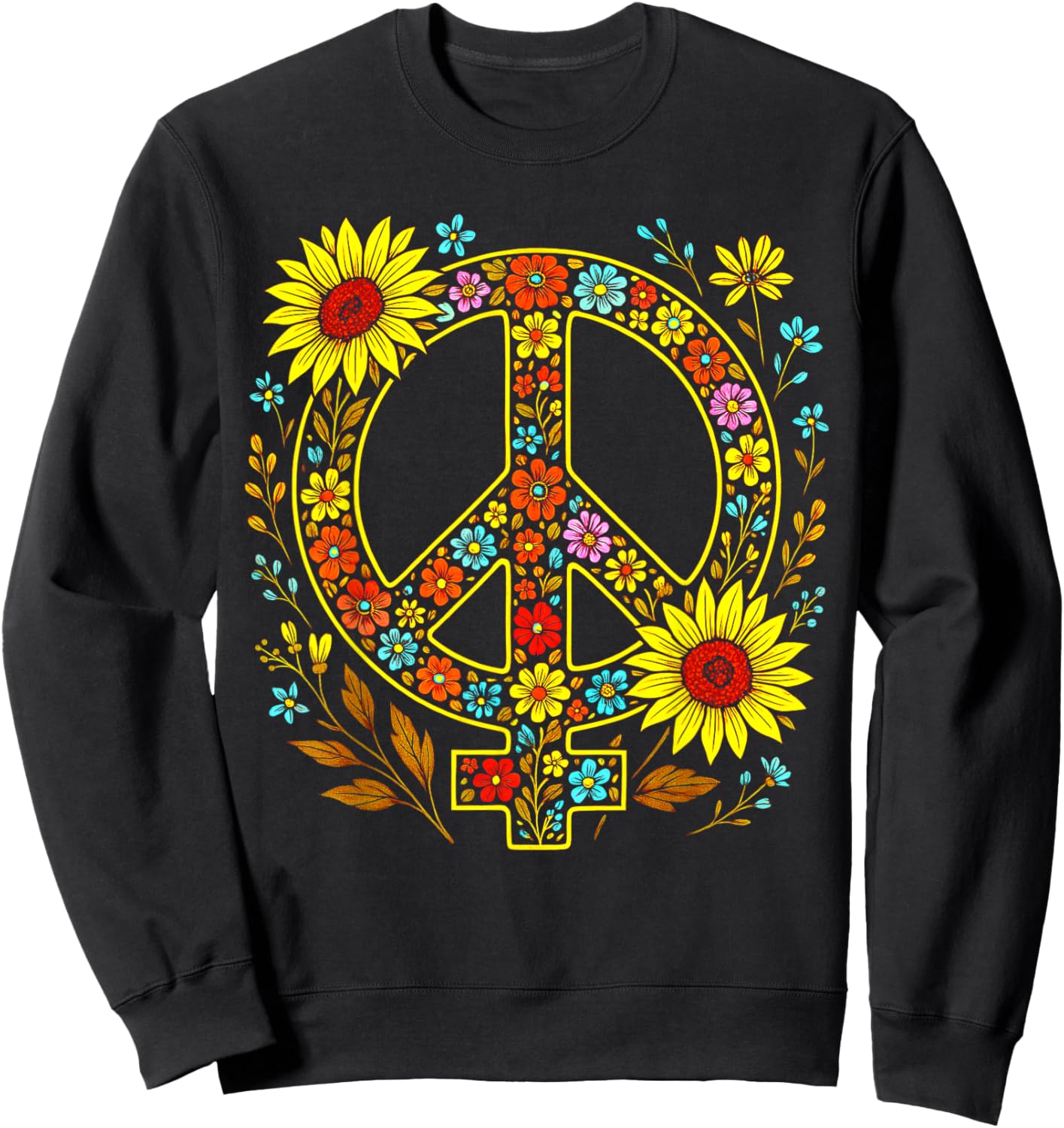 Feminist Peace Symbol Vintage Floral Hippie Women Sunflower Sweatshirt - Sweatshirt | Black