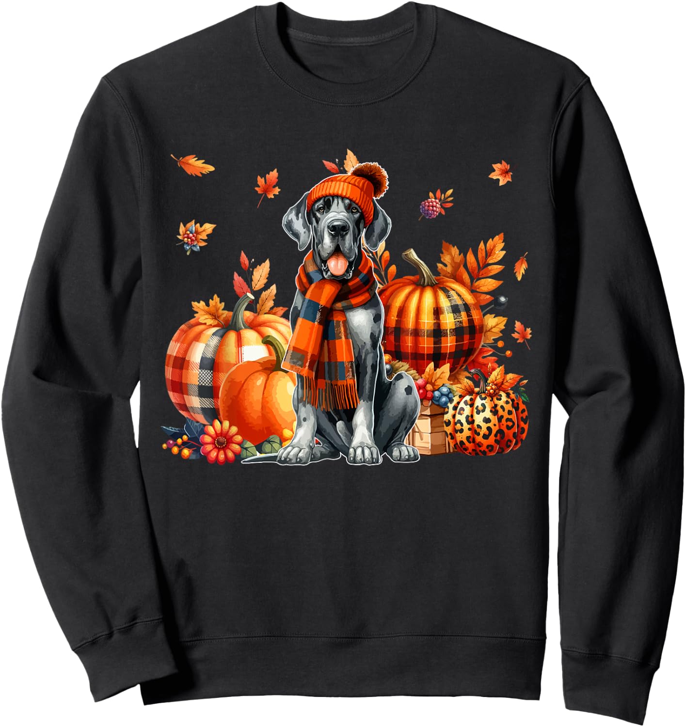 Great Dane Thanksgiving Leopard Pumpkins Fall Leaves Lover Sweatshirt - Sweatshirt | Black