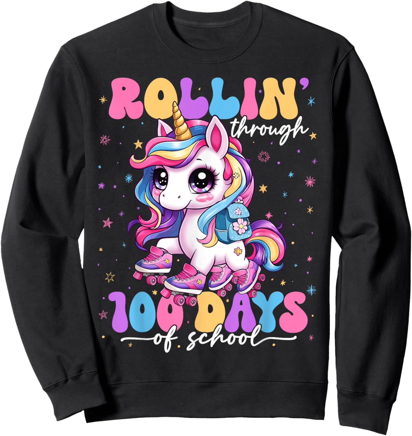 Rollin' Through 100 Days Of School 100th Day Unicorn Teacher Sweatshirt - Sweatshirt | Black