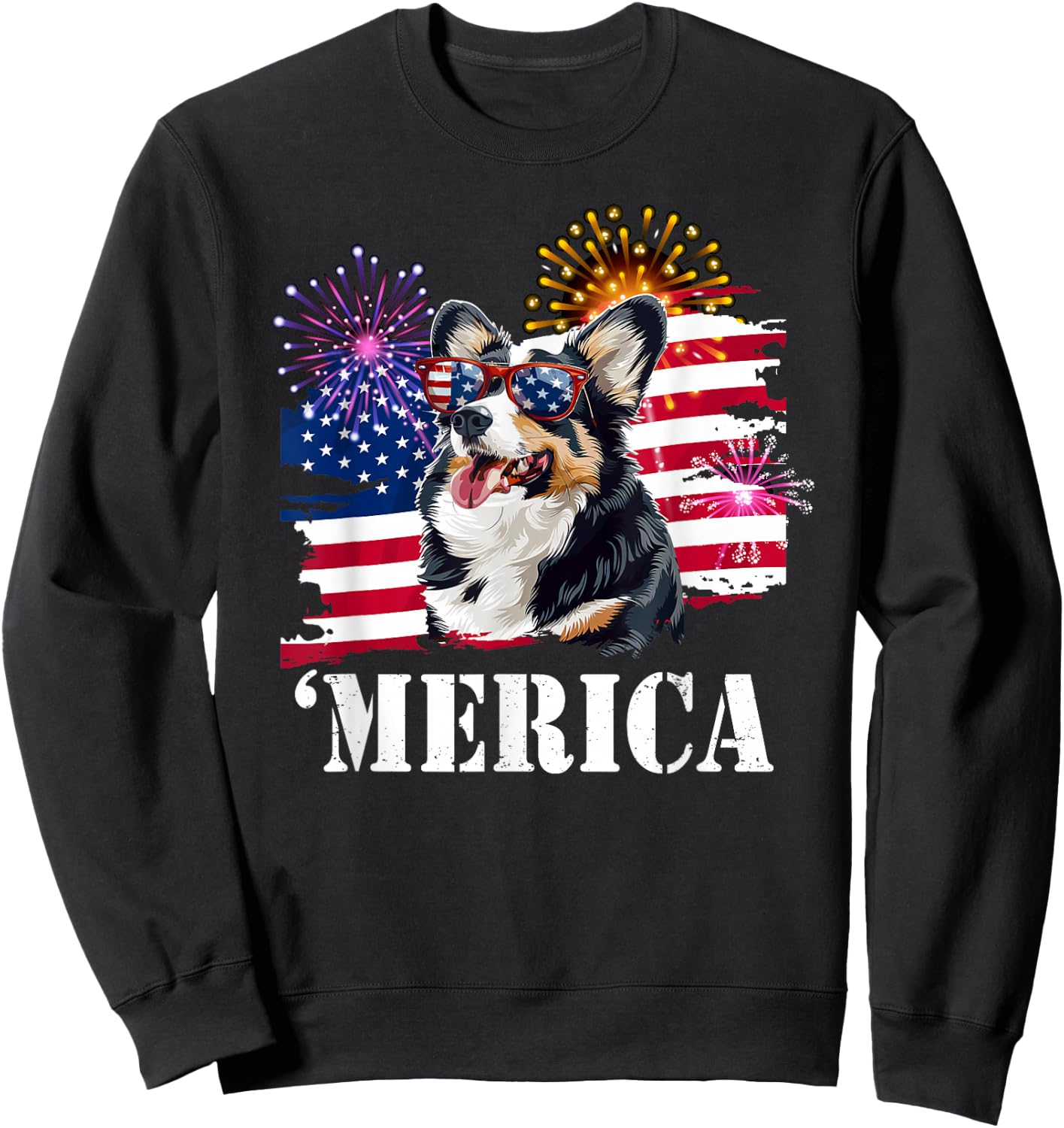 Funny USA Flag 4th 'Merica Black Tricolor Corgi Lover Sweatshirt - Sweatshirt | Black