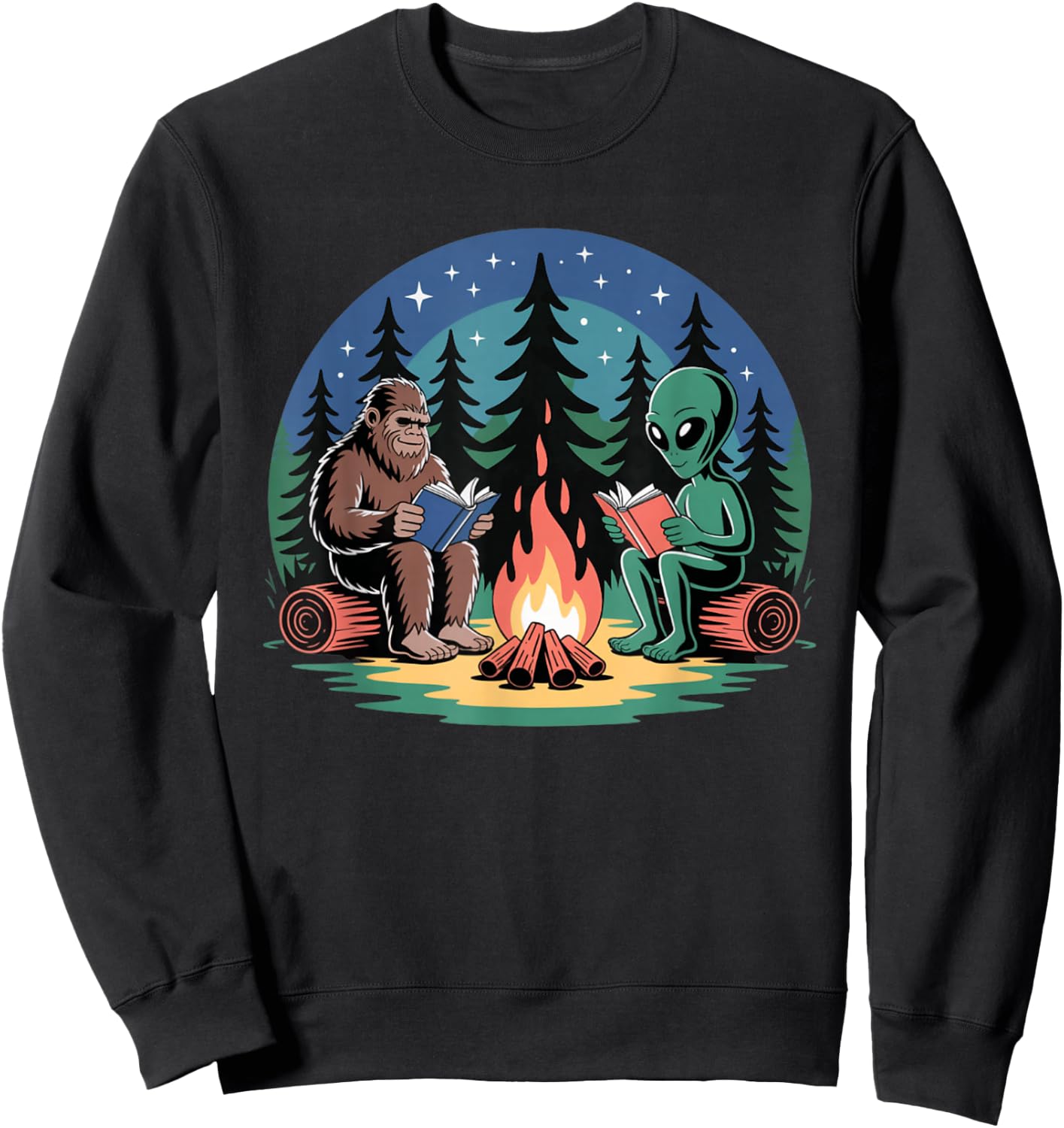 Alien Camping Bigfoot Campfire Reading Peaceful Forest Sweatshirt - Sweatshirt | Black