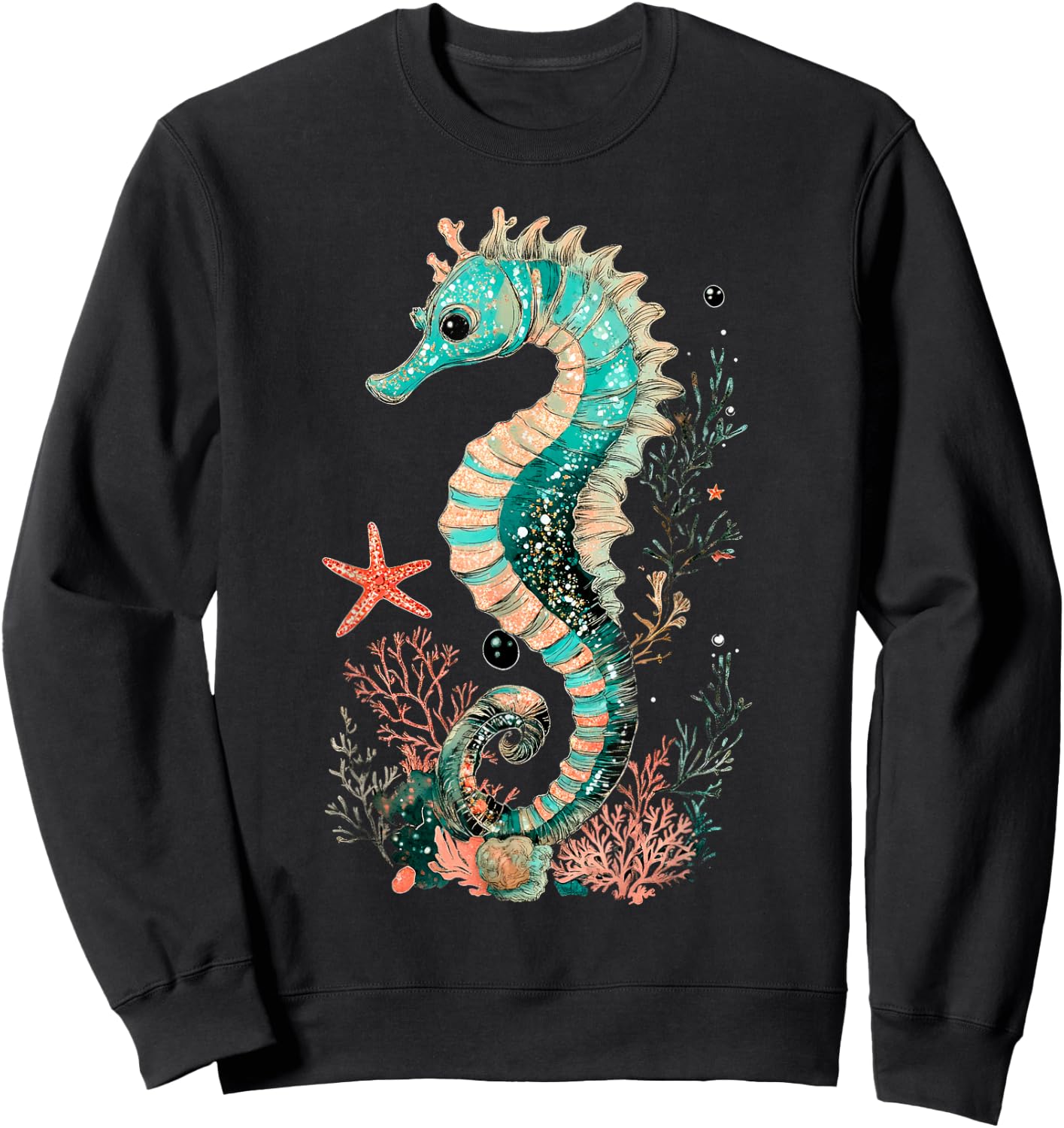 Seahorse Coral Starfish Nautical Art Sweatshirt - Sweatshirt | Black