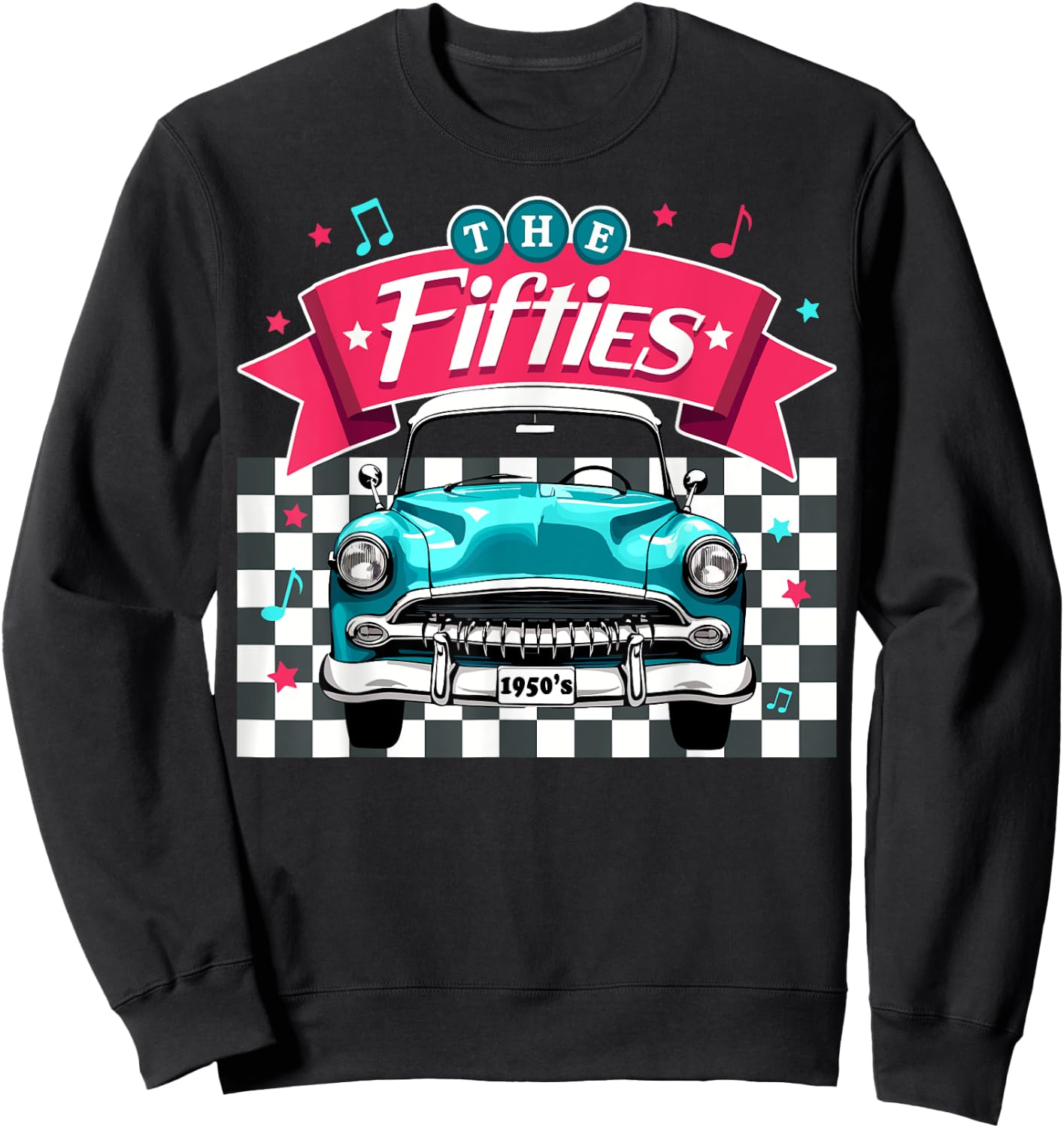 The Fifties 1950s Car Music Checkerboard Rockabilly Sock Hop Sweatshirt - Sweatshirt | Black