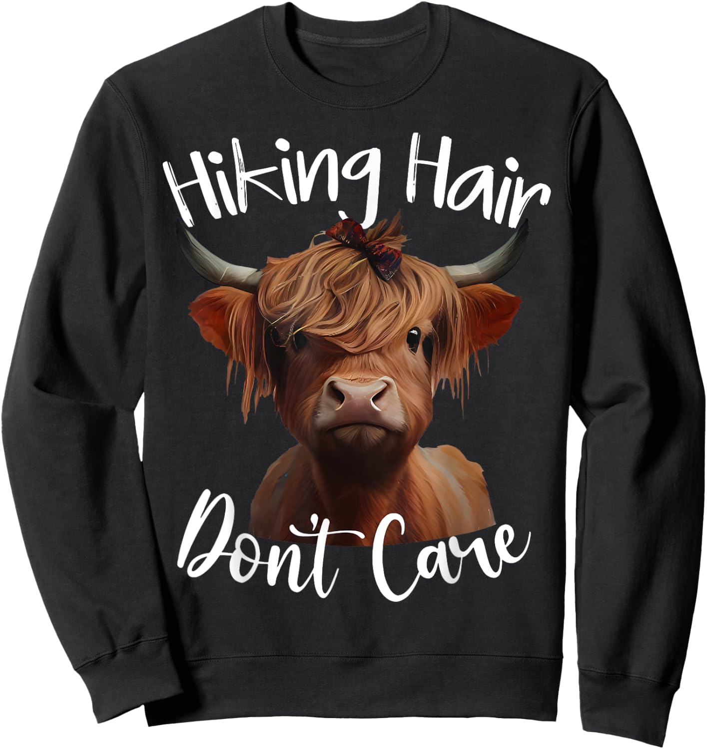 Funny Camping Highland Cow Hiking Hair Don't Care Sweatshirt - Sweatshirt | Black