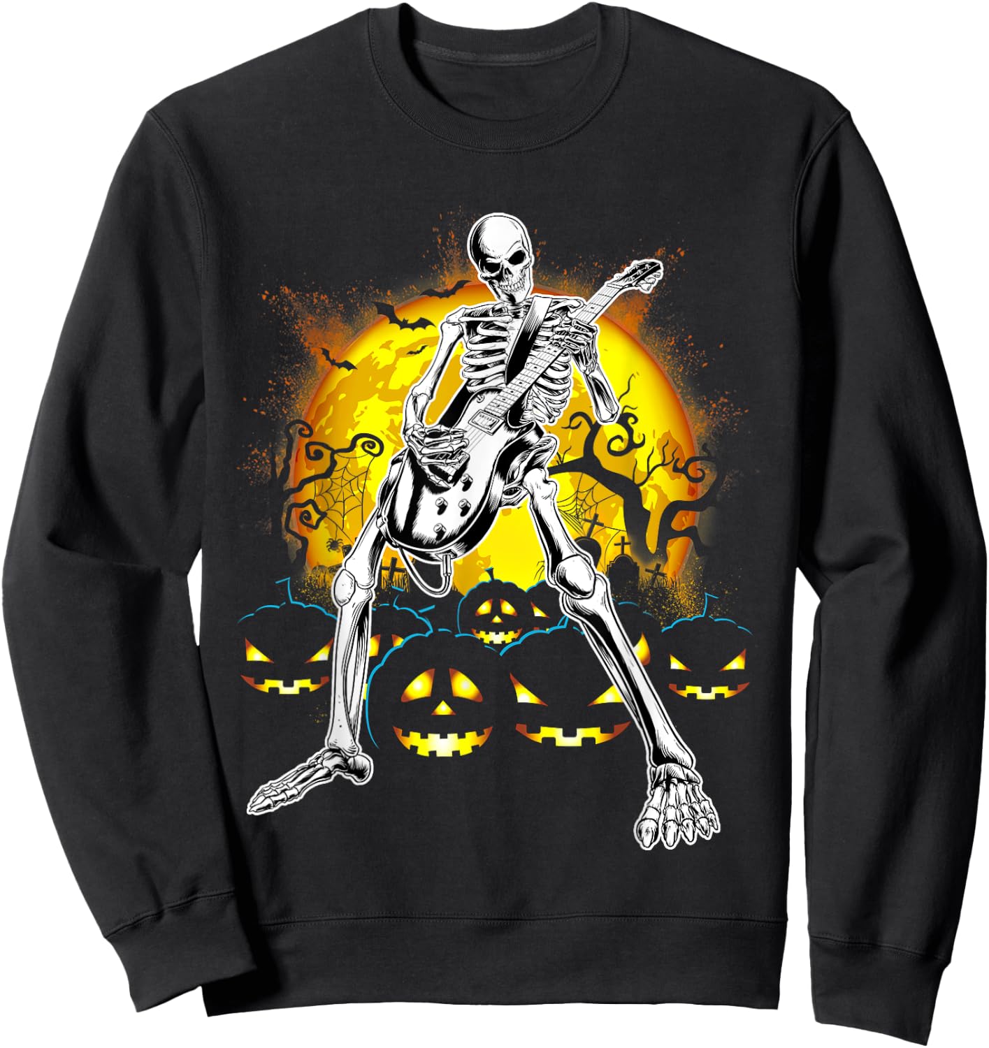 Happy Halloween Funny Skeleton Playing Guitar Pumpkin Vibes Sweatshirt - Sweatshirt | Black